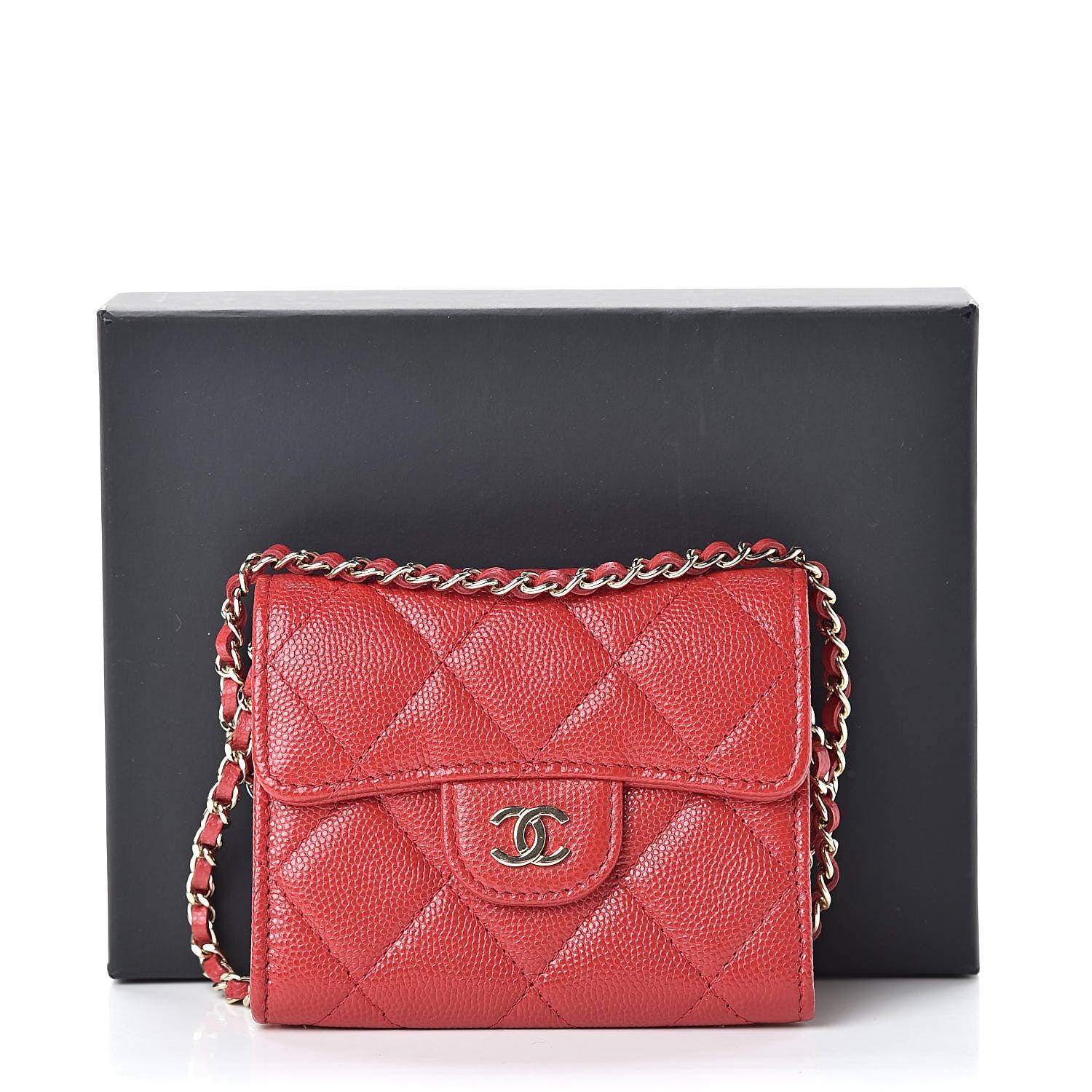 Chanel Caviar Quilted Flap Card Holder On Chain Red 10 of 10