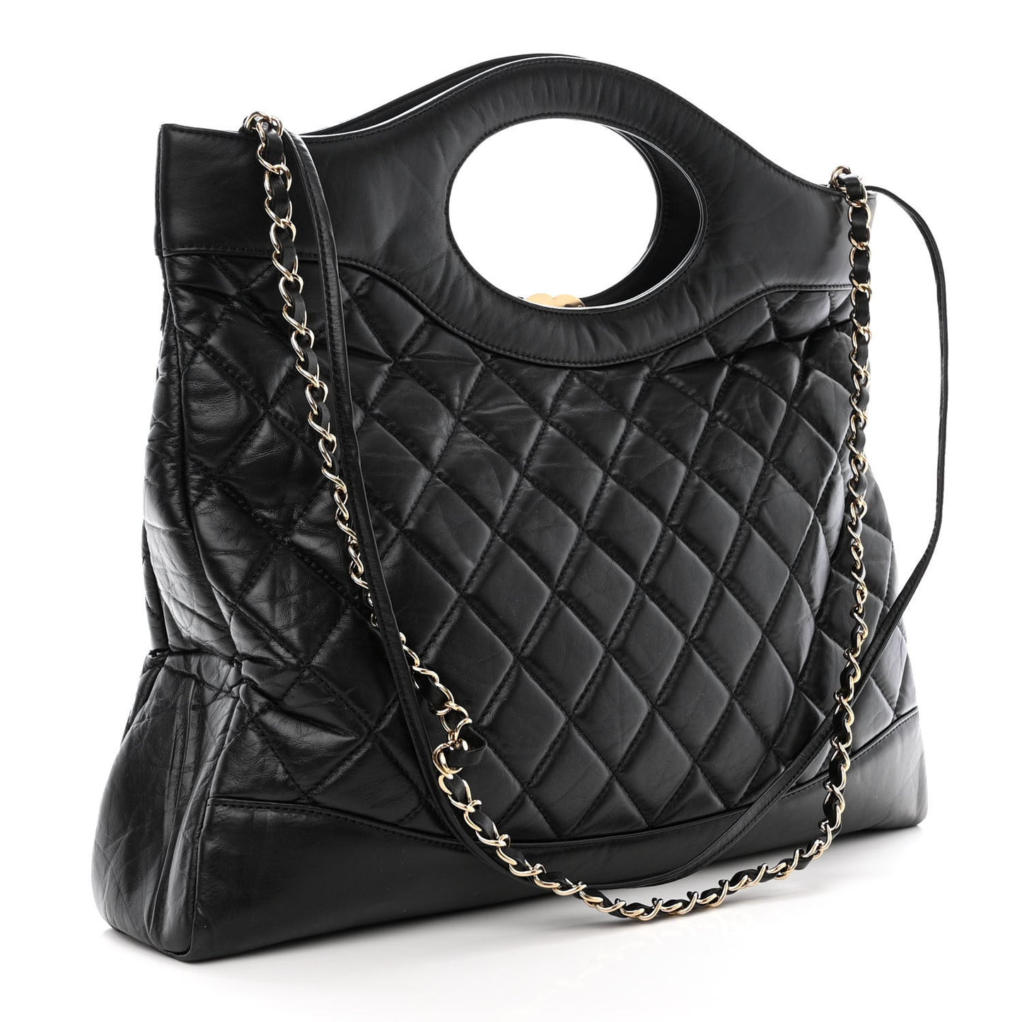 Shiny Crumpled Calfskin Quilted Large 31 Shopping Bag Black