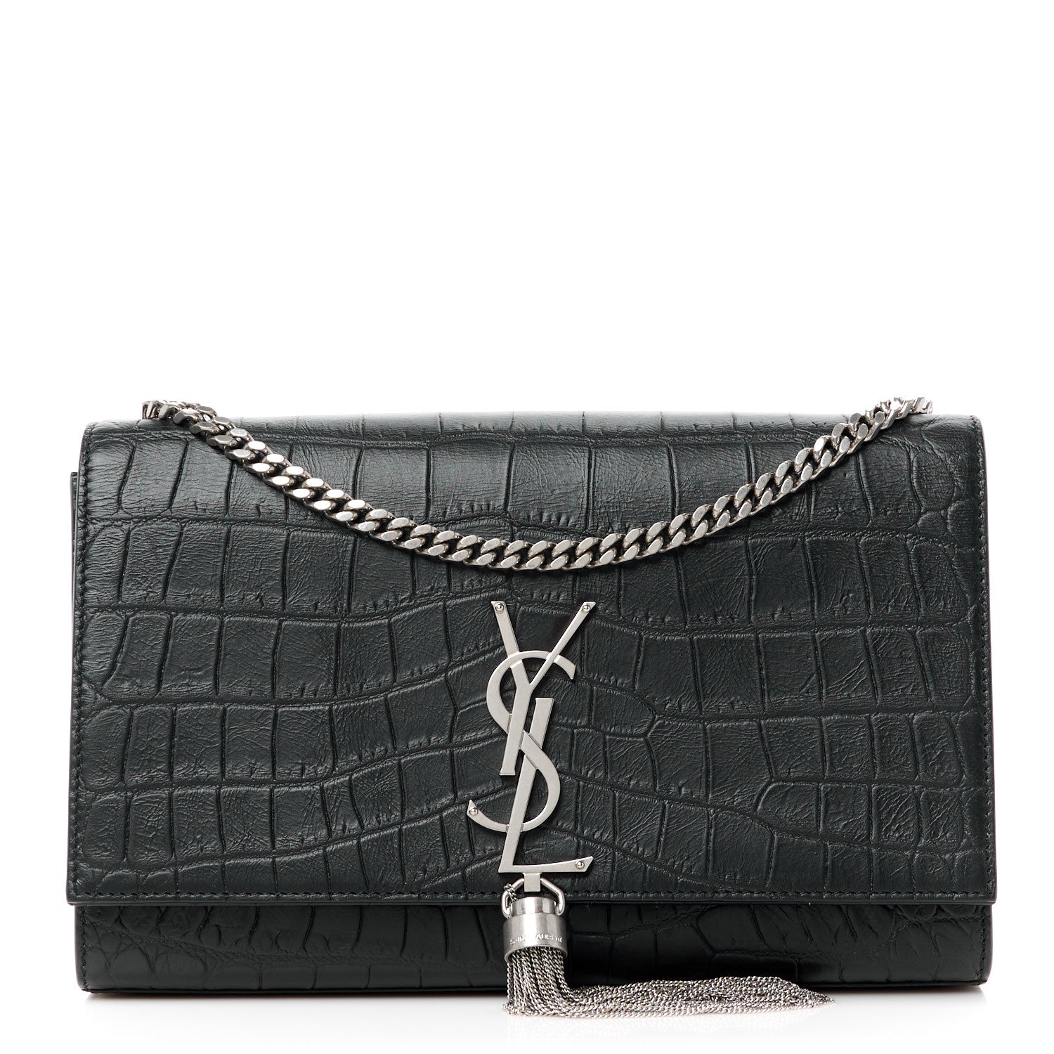 Saint Laurent Calfskin Crocodile Embossed Medium Classic Monogram Kate Tassel Satchel Black 1 of 11