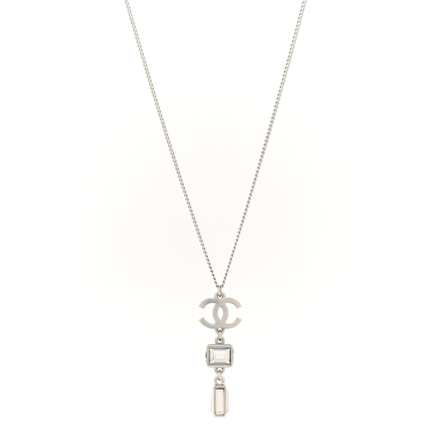 Crystal Baguette CC Drop Pendant Necklace Silver