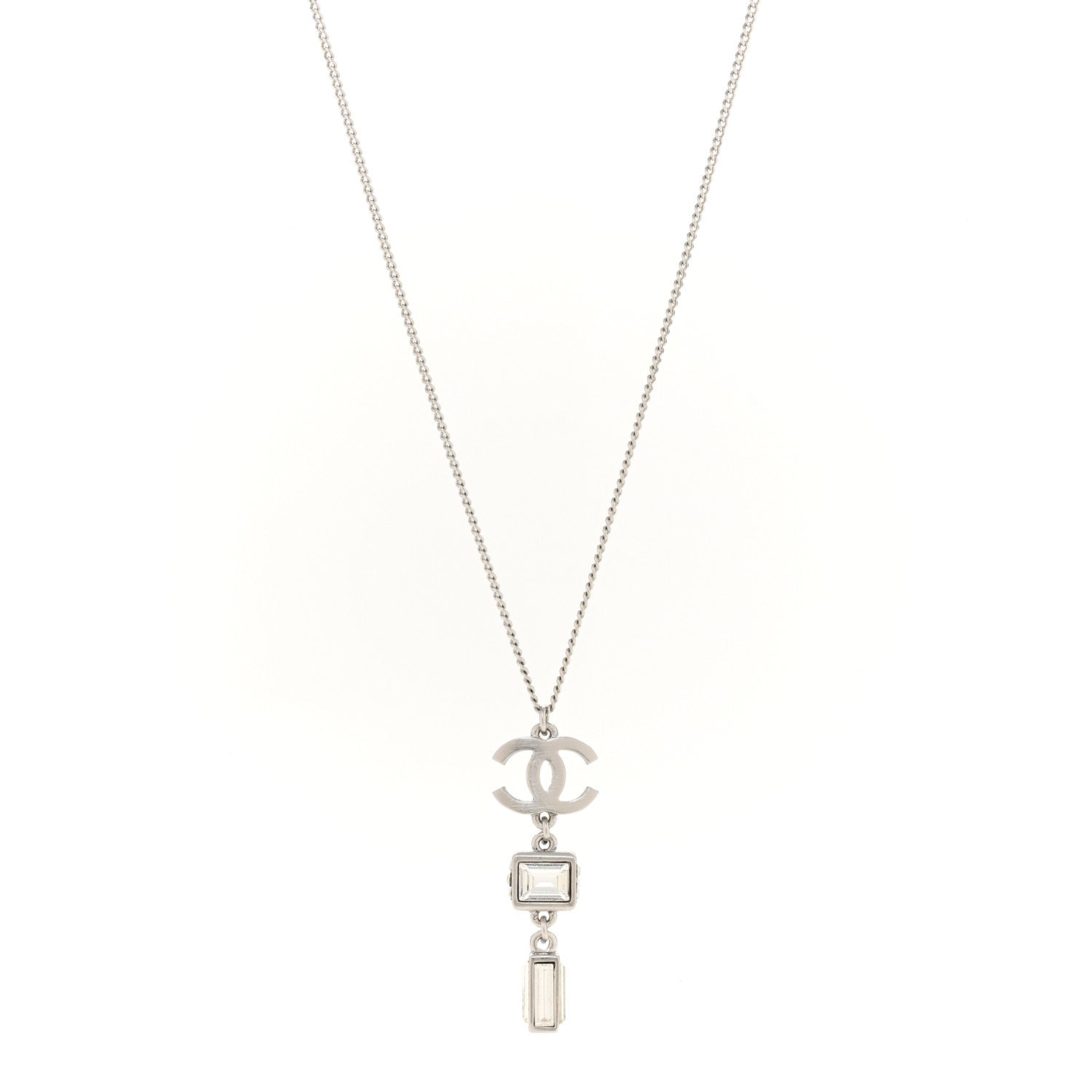 Chanel Crystal Baguette CC Drop Pendant Necklace Silver 1 of 7