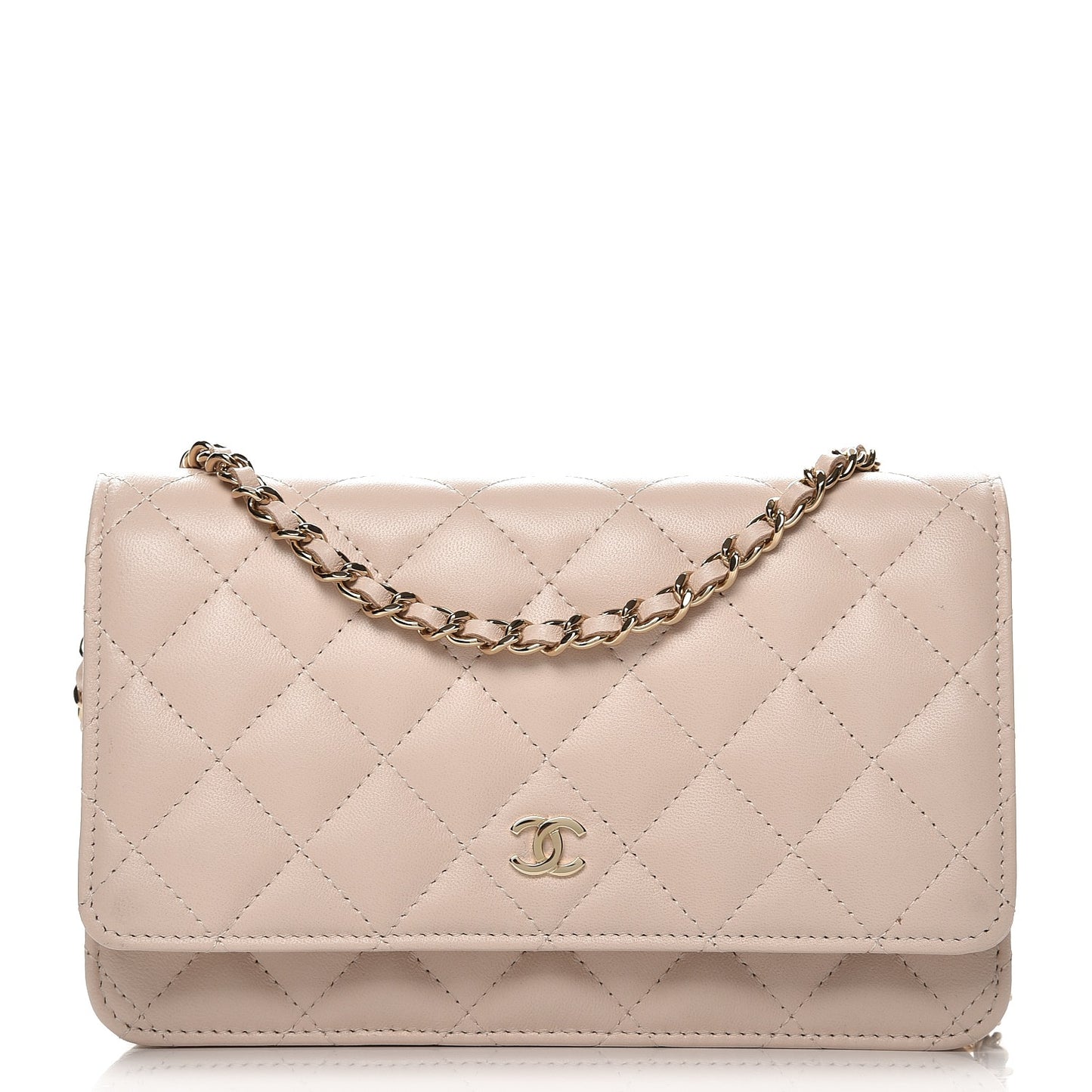 Lambskin Quilted Wallet On Chain WOC Beige Clair