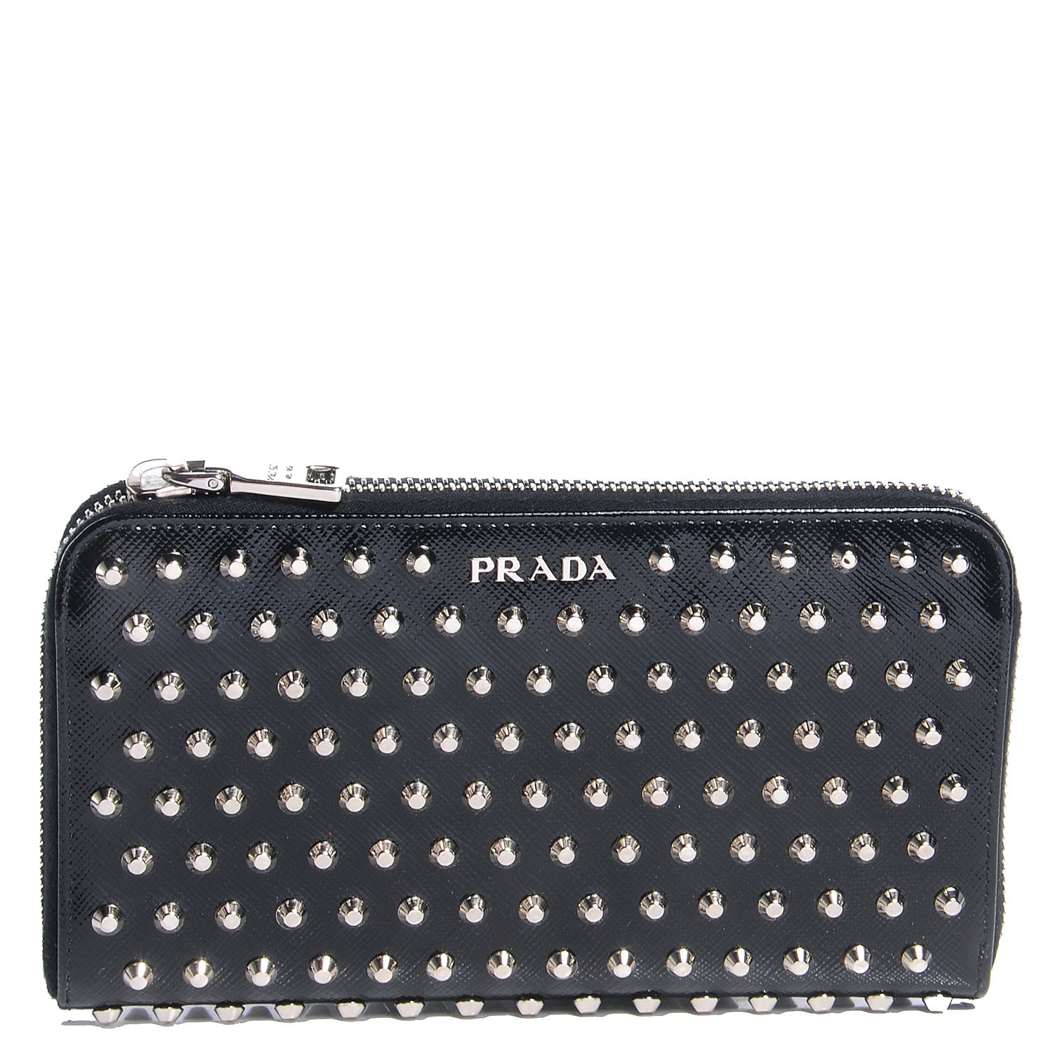 Prada Saffiano Vernice Studded Zip Around Wallet Black 1 of 10
