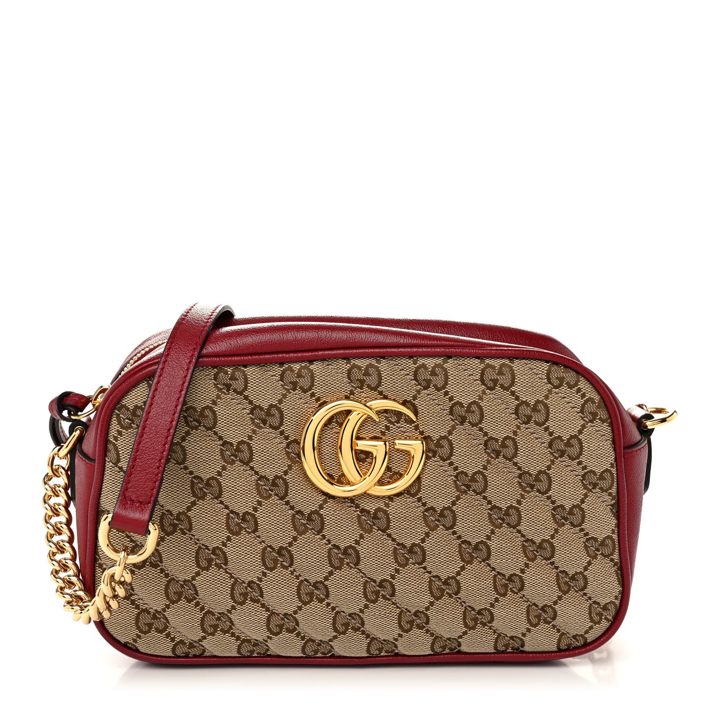 Monogram Azalea Calfskin Matelasse Diagonal Small GG Marmont Chain Shoulder Bag Beige Ebony New Cherry Red