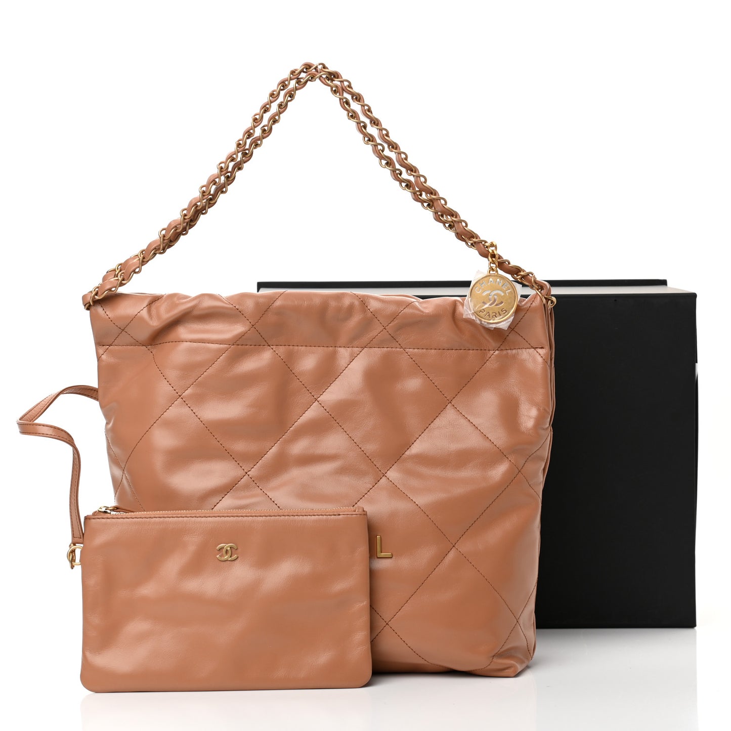 Shiny Calfskin Quilted Small Chanel 22 Camel