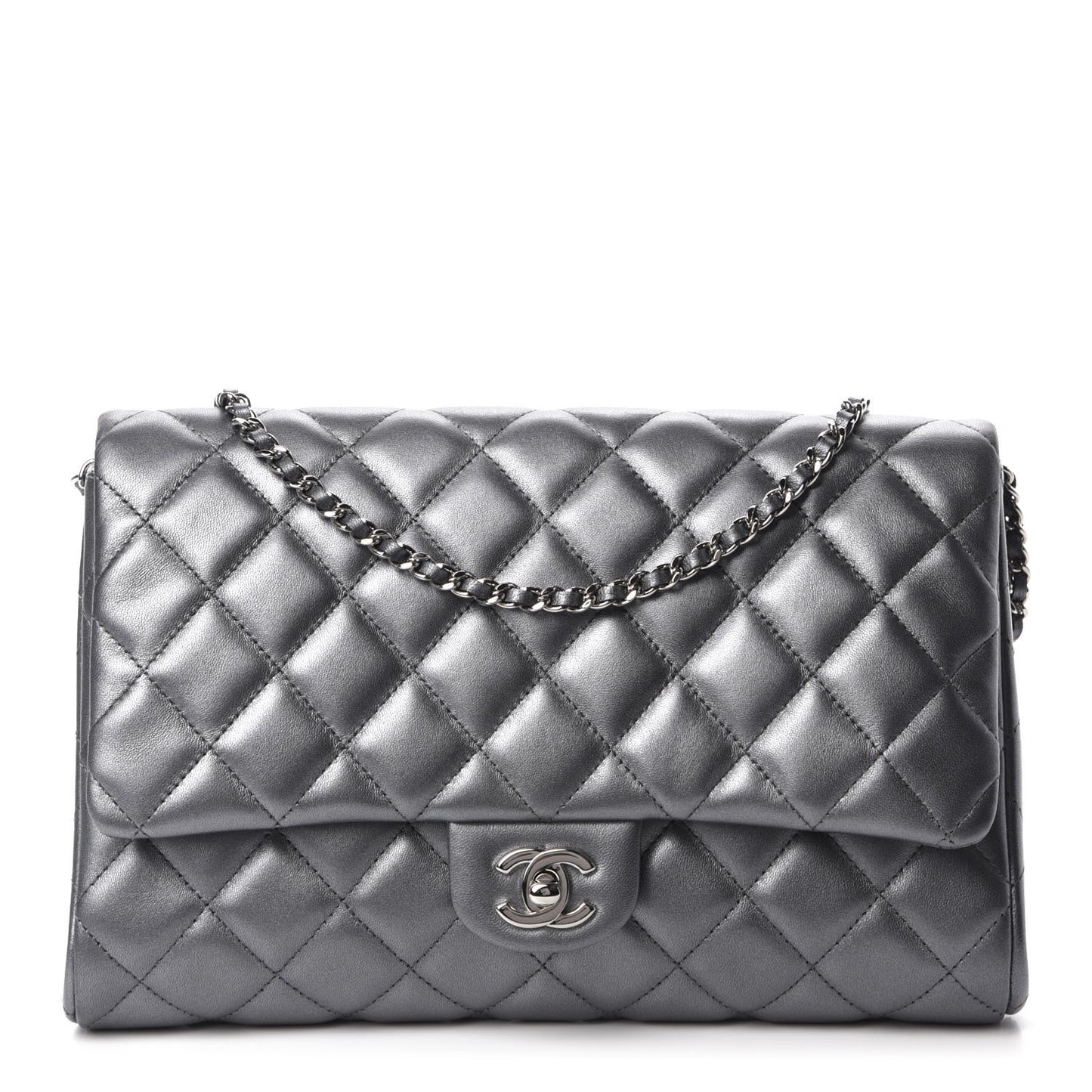 Metallic Lambskin Quilted Clutch With Chain Flap Dark Grey