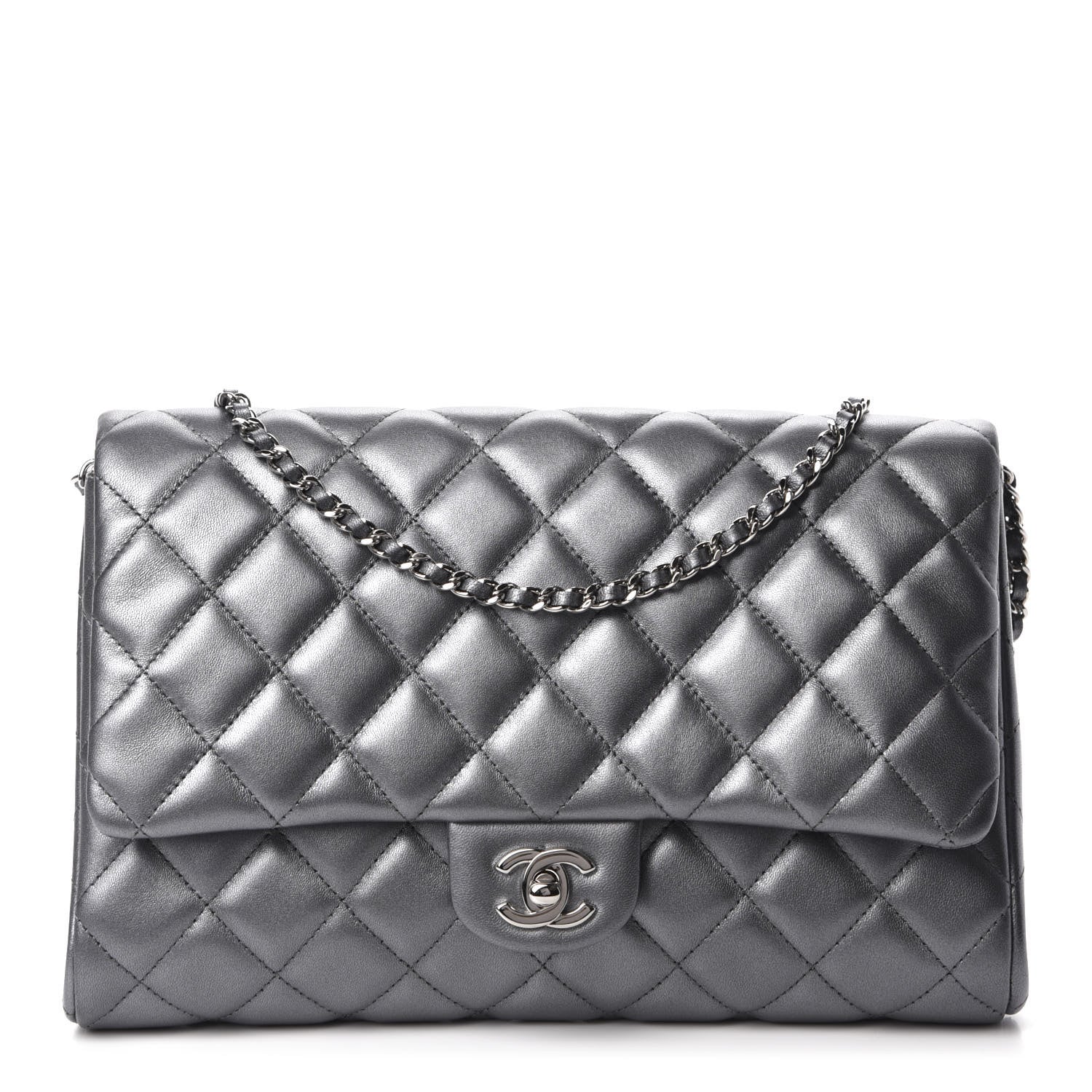 Chanel Metallic Lambskin Quilted Clutch With Chain Flap Dark Grey 1 of 10