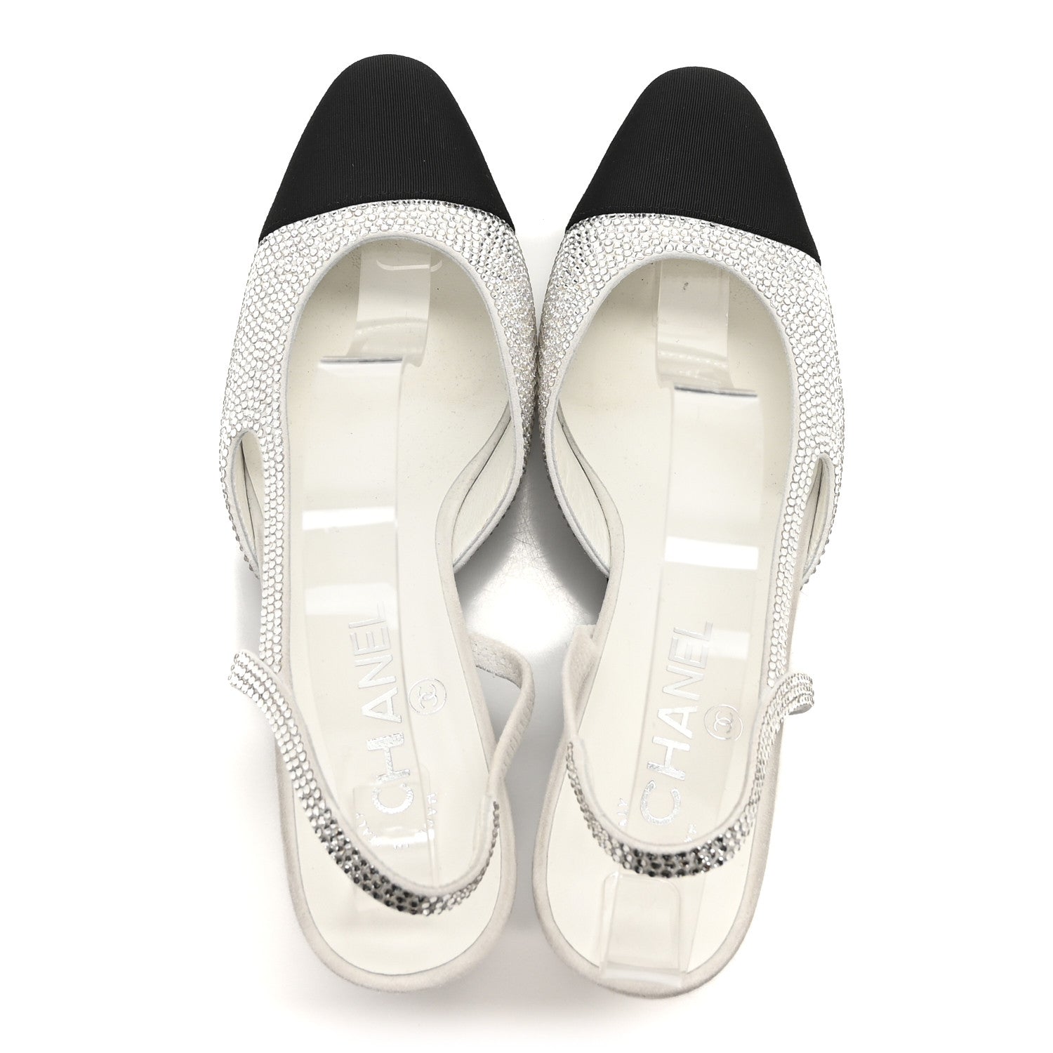 Chanel Strass Grosgrain Cap Toe CC Slingback Pumps 39 Silver Black