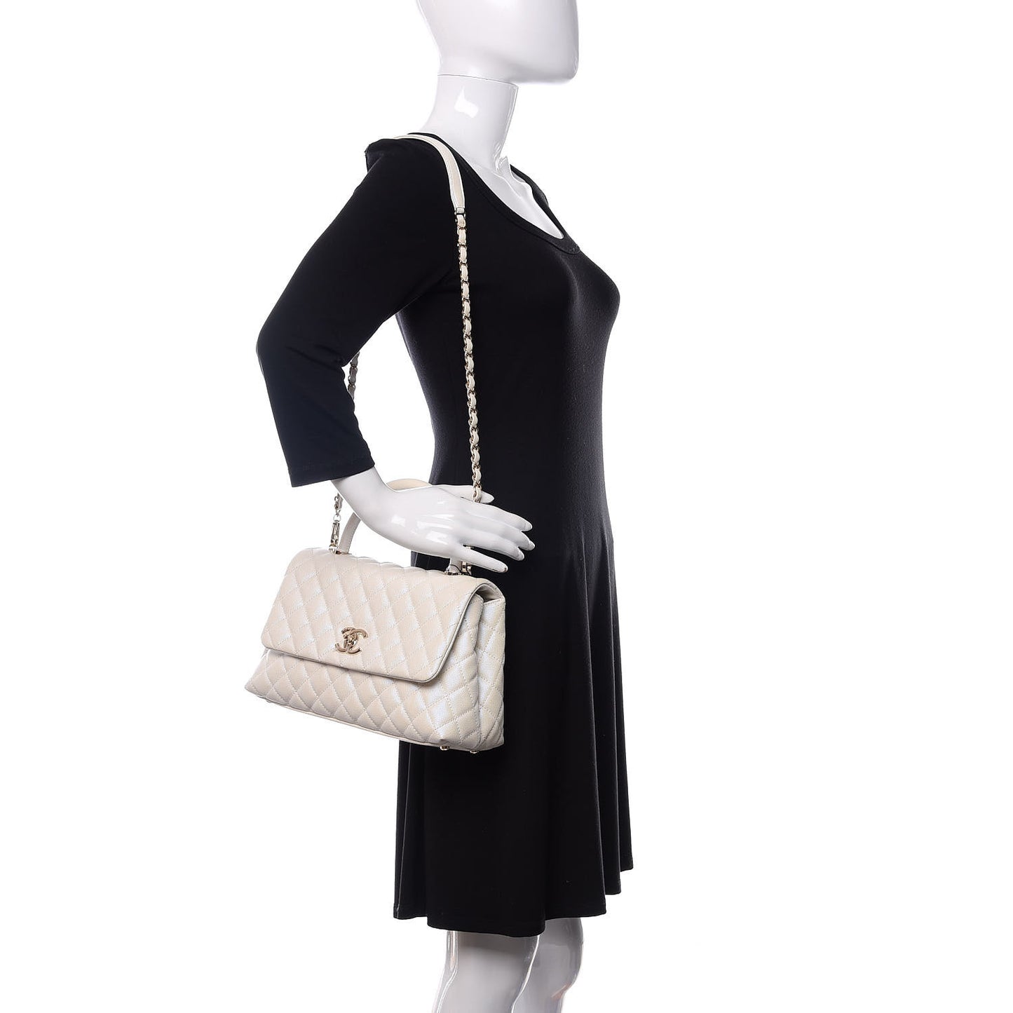 Iridescent Caviar Quilted Small Coco Handle Flap White
