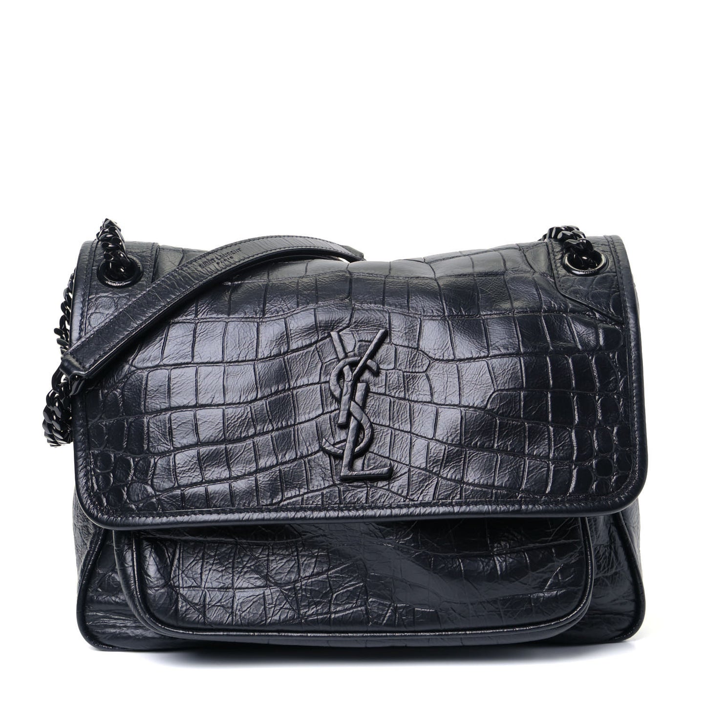 Crocodile Embossed Lambskin Monogram Medium Niki Chain Satchel Black