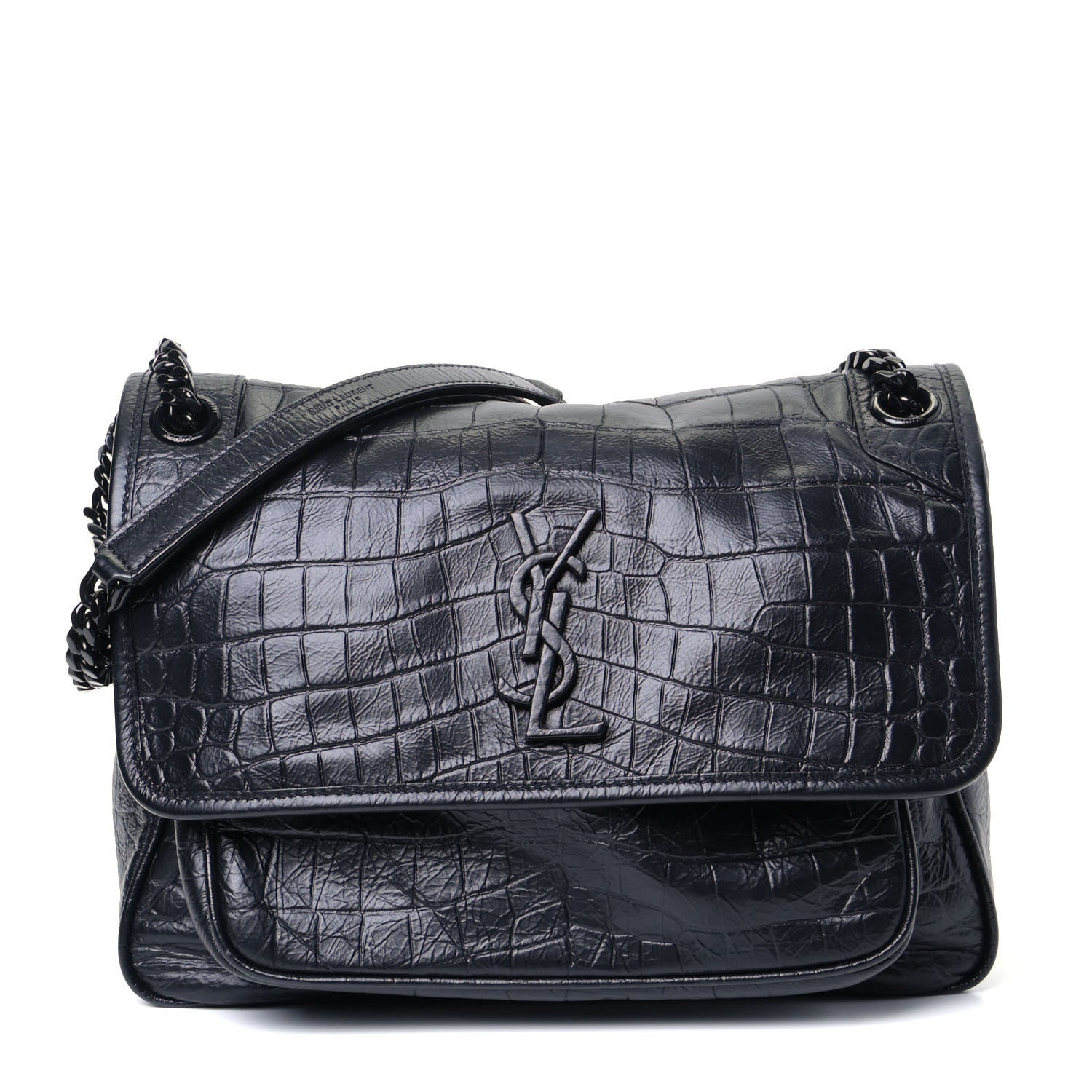Saint Laurent Crocodile Embossed Lambskin Monogram Medium Niki Chain Satchel Black 1 of 5