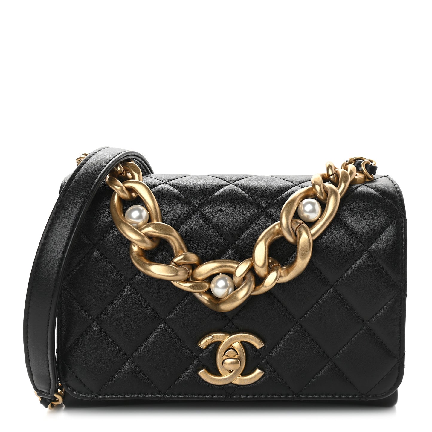 Calfskin Quilted Pearl Jewel Chain Flap Black