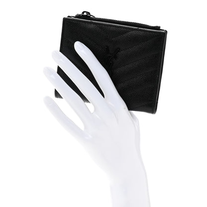 Saint Laurent Grain De Poudre Matelasse Chevron Monogram Zipped Card Case Black 2 of 11