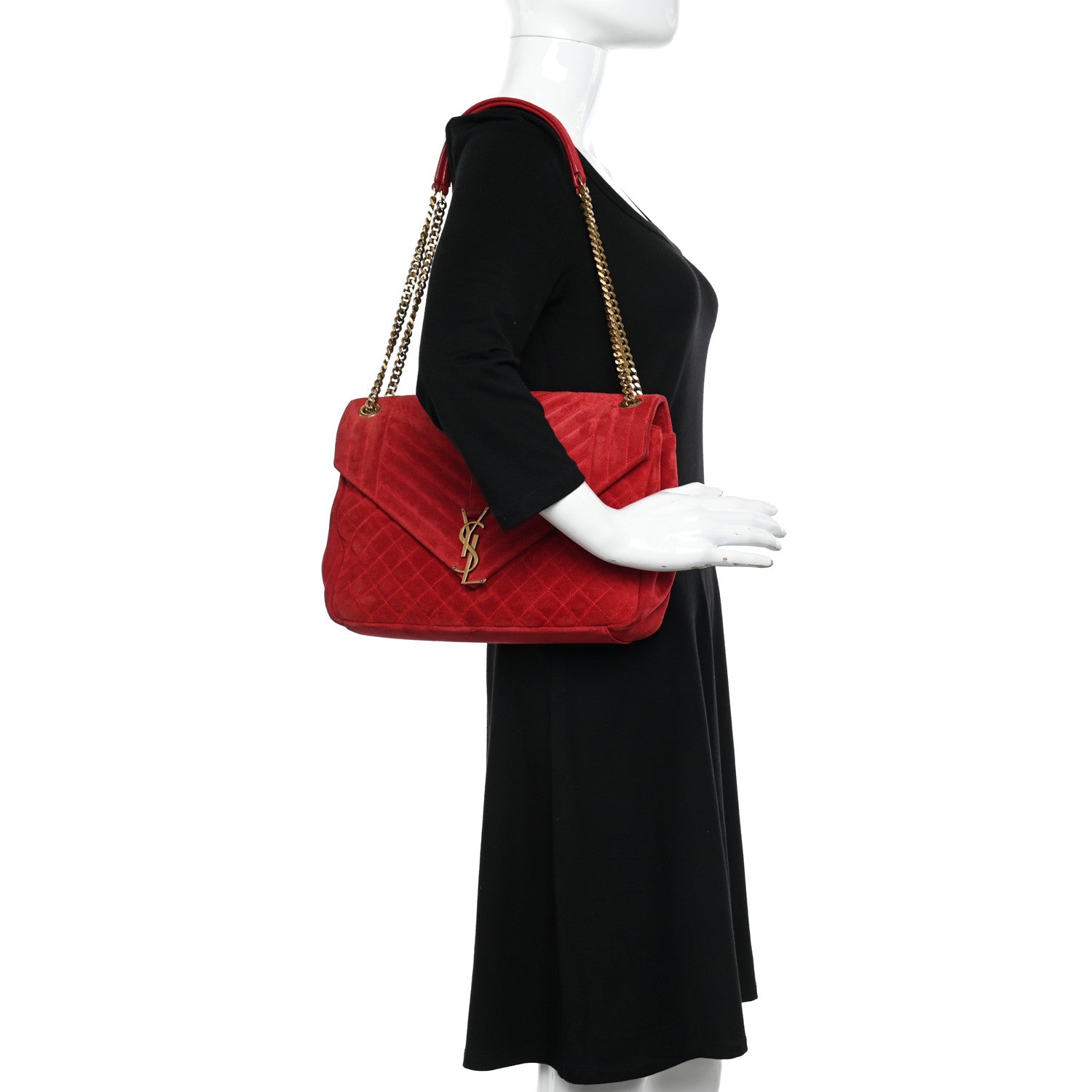 Saint Laurent Suede Mixed Matelasse Triquilt Large Monogram Envelope Satchel Red 2 of 18