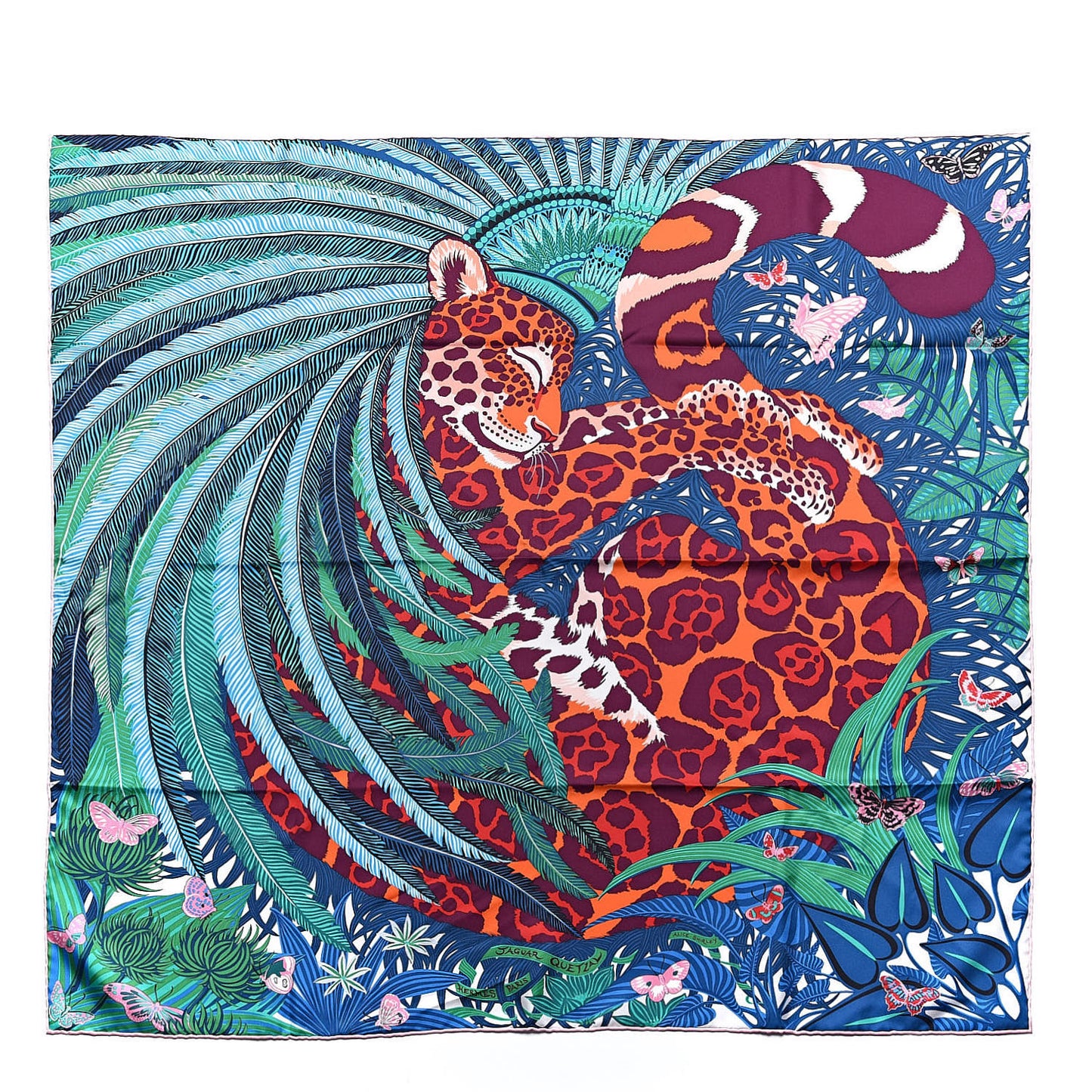 Silk Jaguar Quetzal Scarf 90 Turquoise Orange Vert