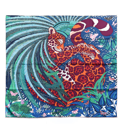 Hermes Silk Jaguar Quetzal Scarf 90 Turquoise Orange Vert 1 of 6