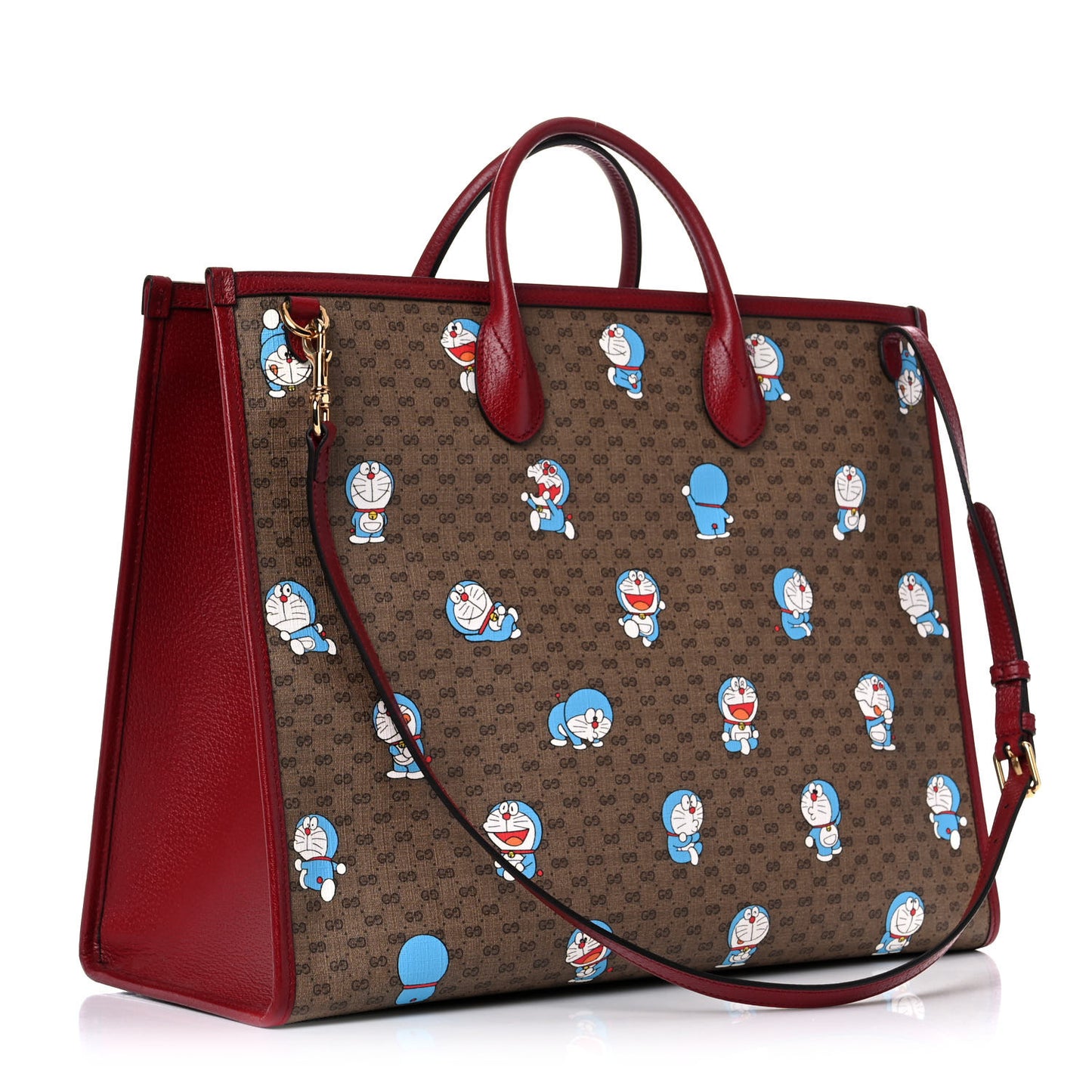 X DORAEMON Mini Vintage GG Supreme Monogram Large Tote Bag Beige Cherry Red
