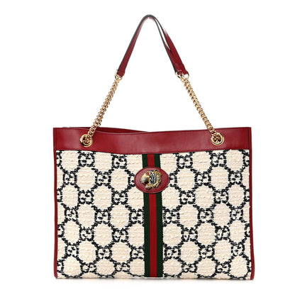 Gucci Tweed GG Monogram Large Rajah Chain Tote White Black Romantic Cherry 3 of 10