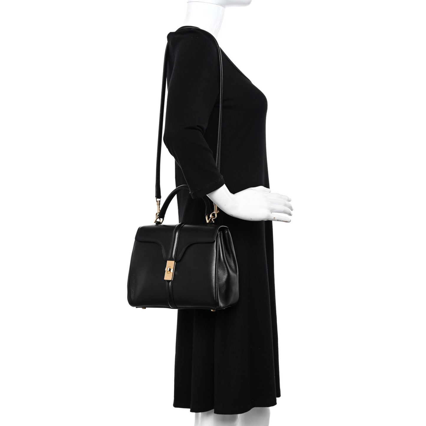 Satinated Calfskin Small 16 Top Handle Bag Black