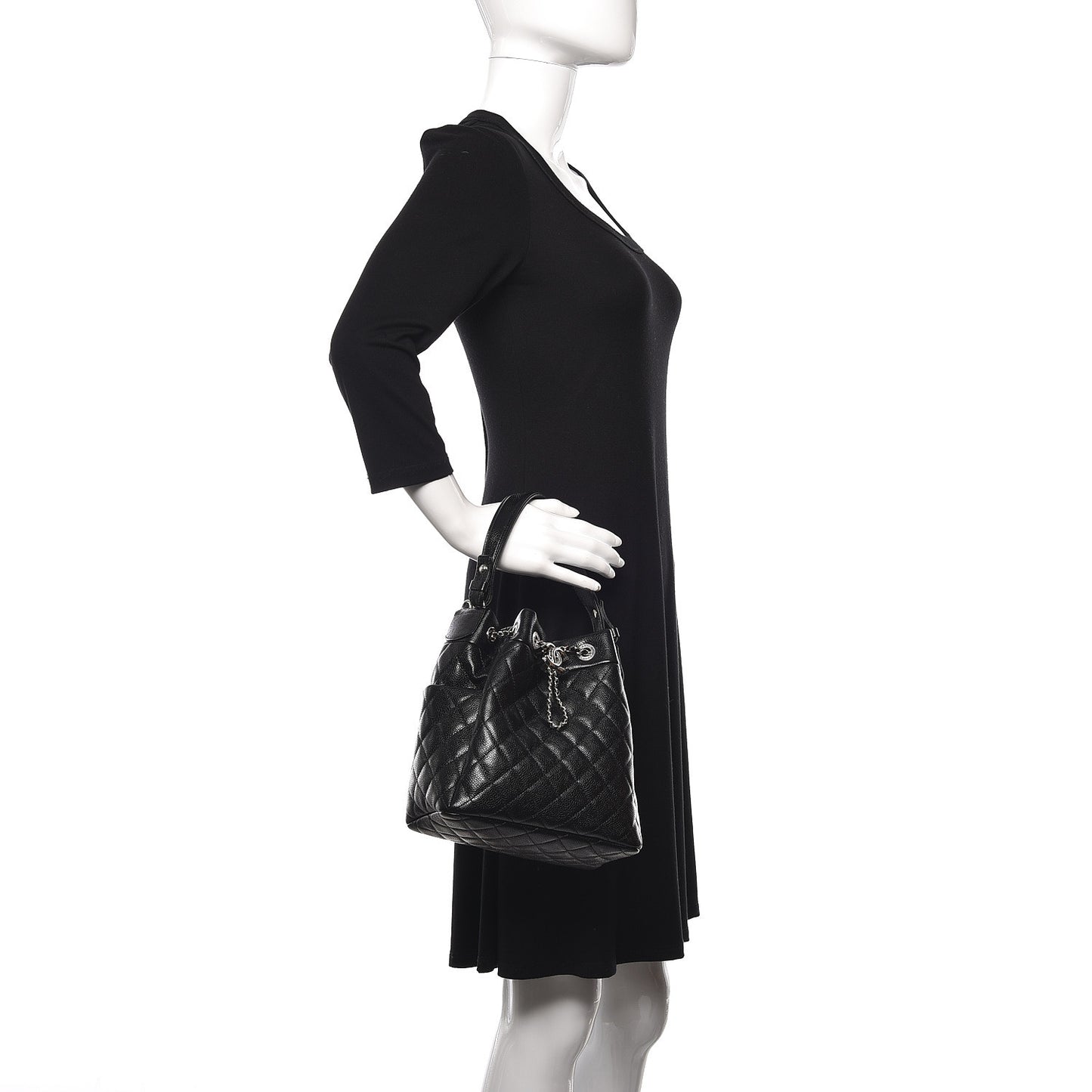 Caviar Quilted Small Chain Bucket Bag Black