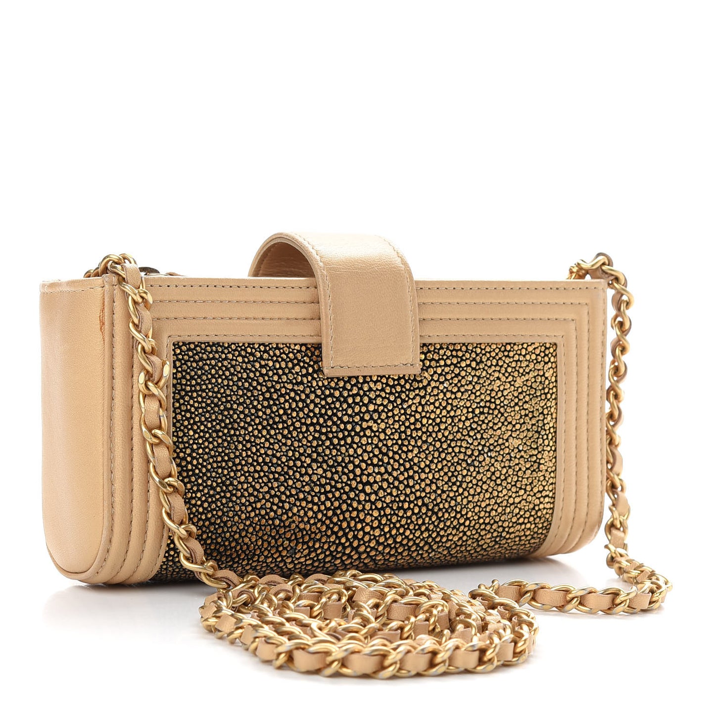 Metallic Galuchat Stingray Lambskin Mini Clutch With Removable Chain Gold