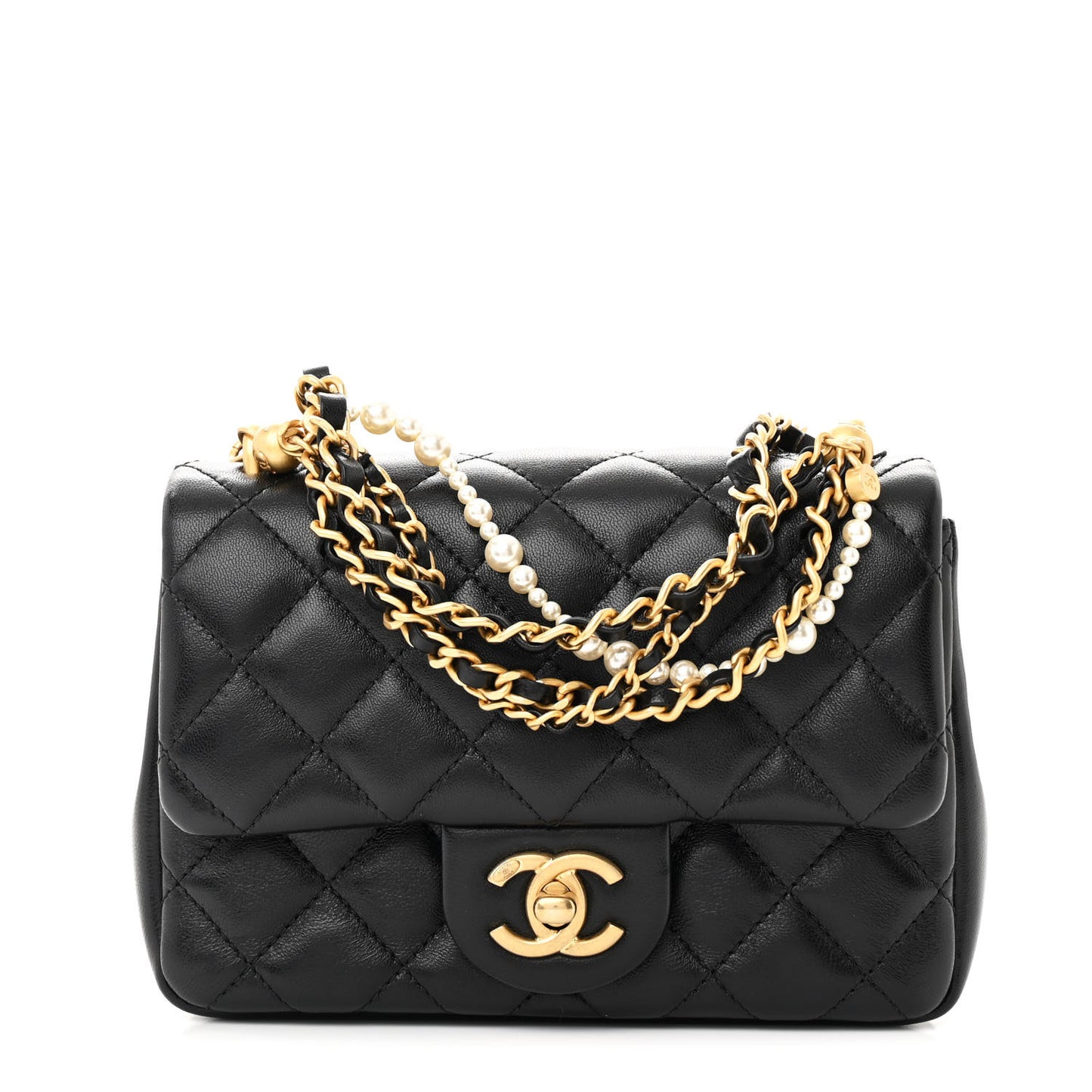 Shiny Lambskin Quilted Pearl Twist Mini Square Flap Black