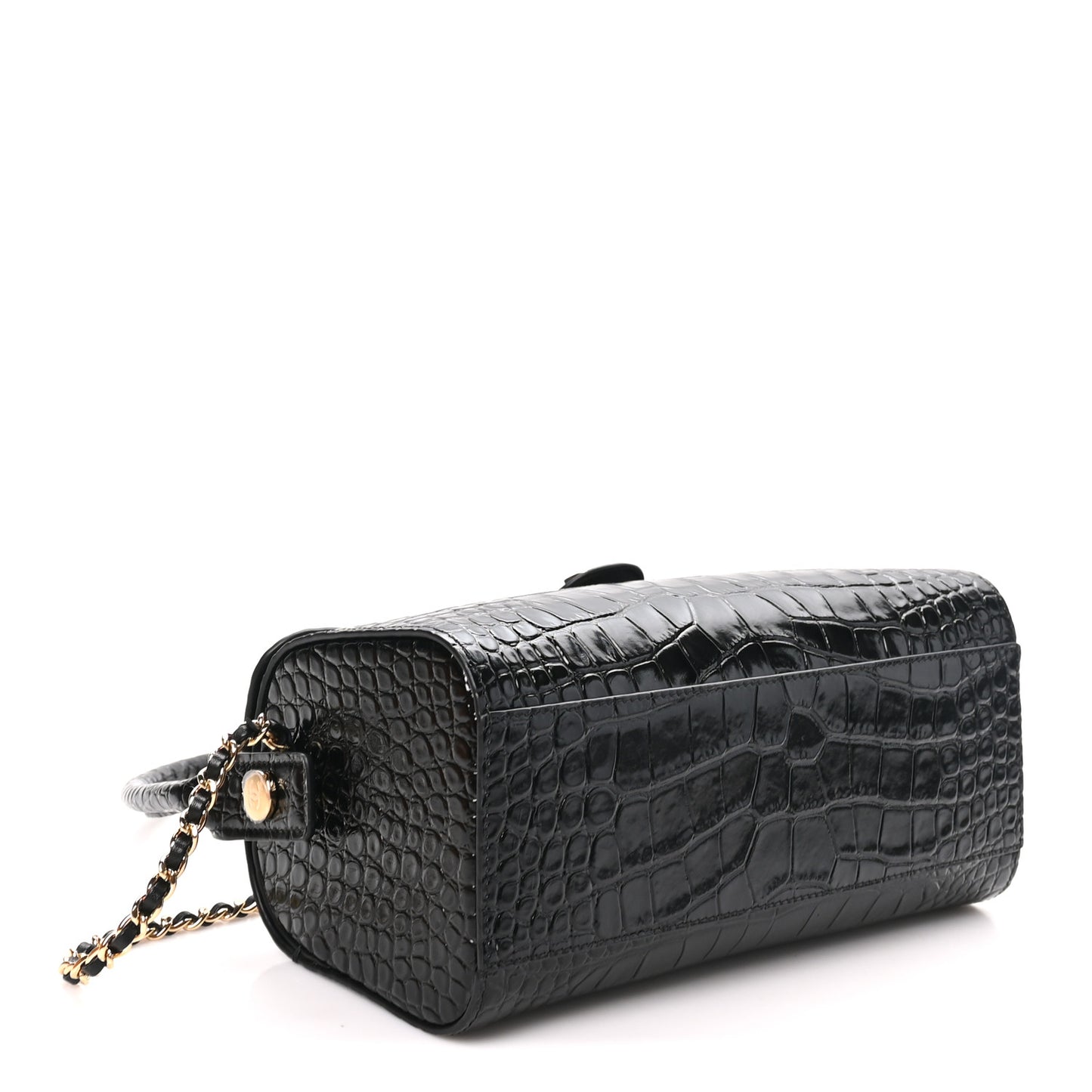 Calfskin Crocodile Embossed Turn Around Clutch With Chain Black