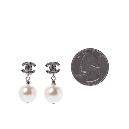 Chanel Crystal Pearl CC Drop Earrings Silver 2 of 5