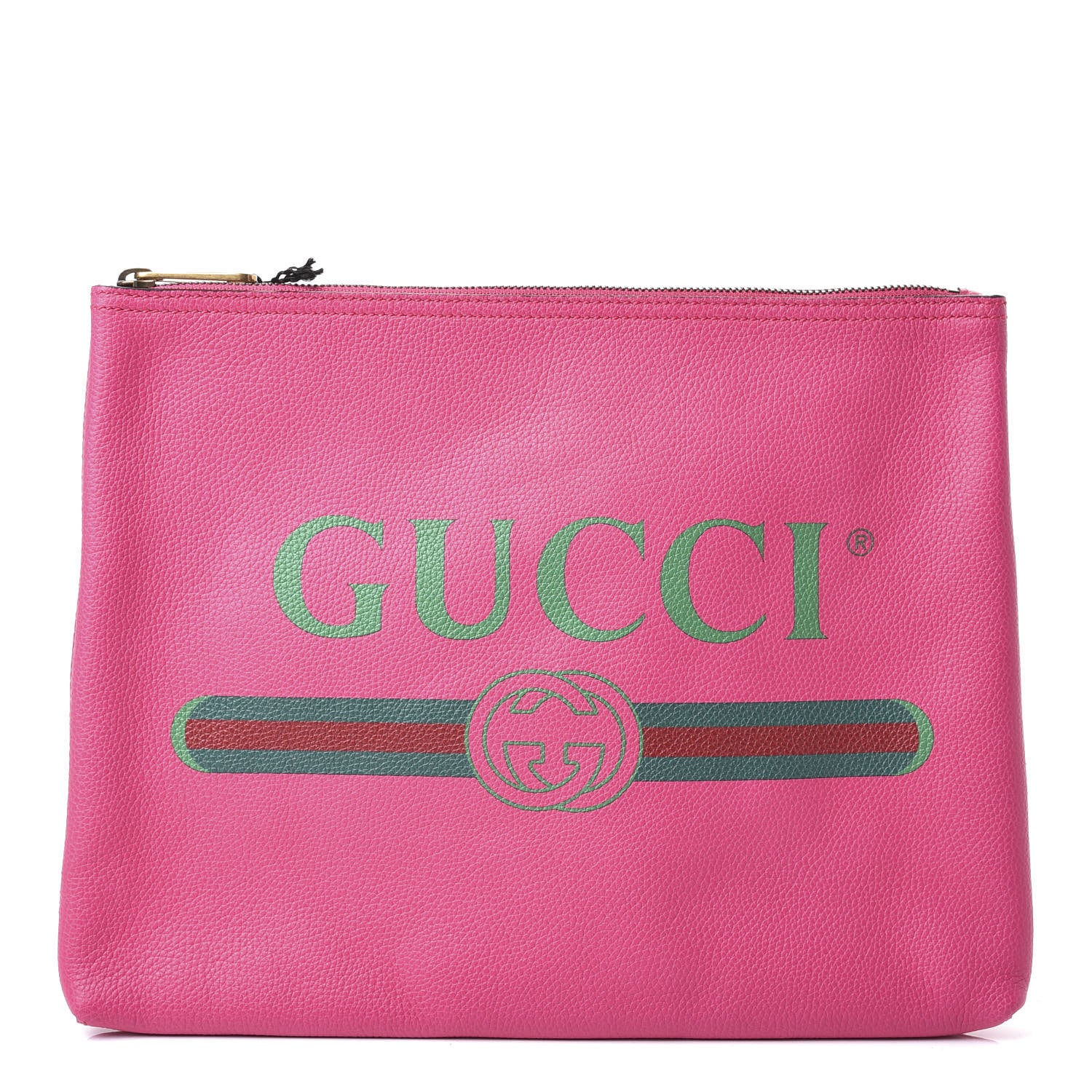 Gucci Pebbled Calfskin Medium Logo Portfolio Clutch Box Pink Green 1 of 9