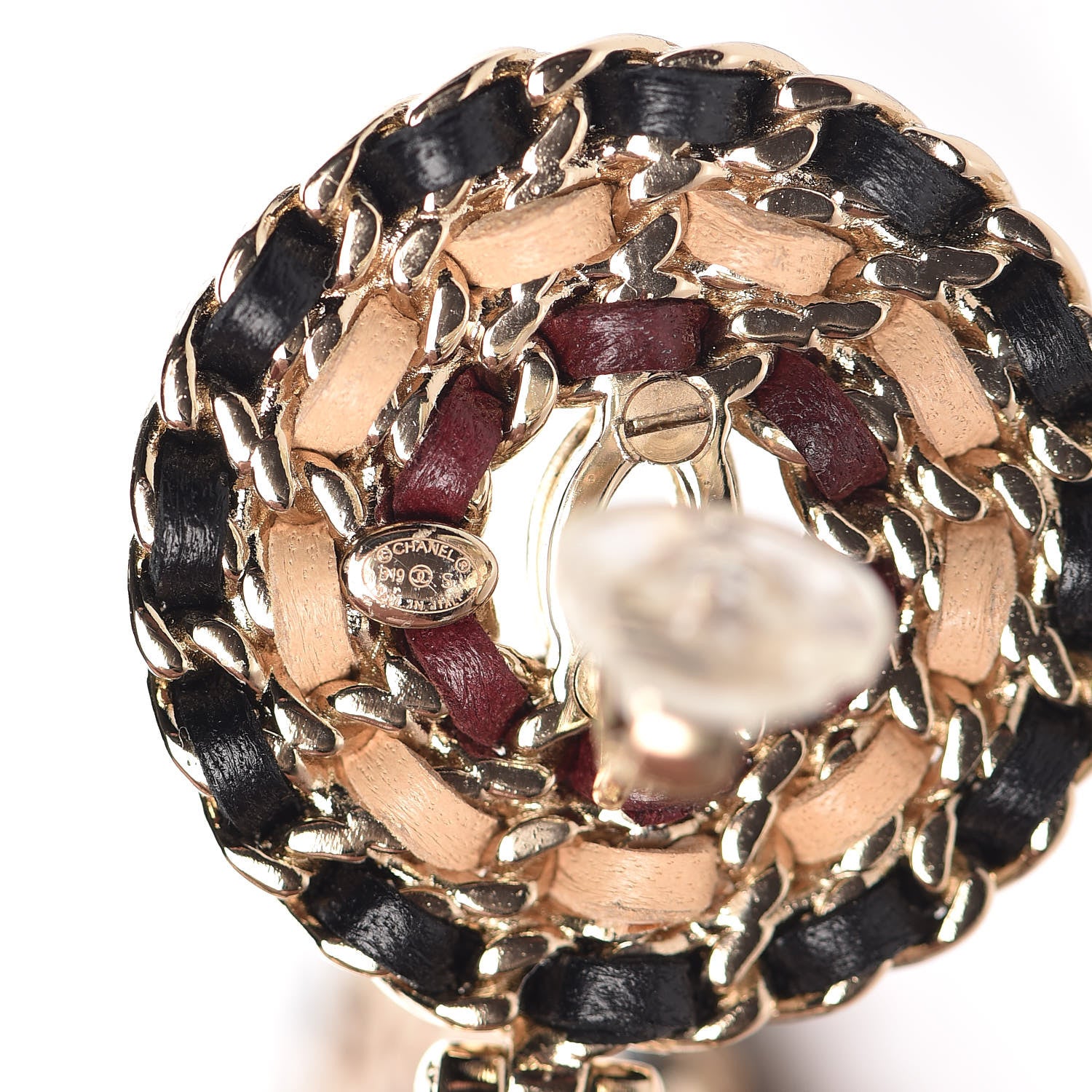 Chanel Lambskin Leather Medals CC Drop Clip On Earrings Black Beige Gold 4 of 4