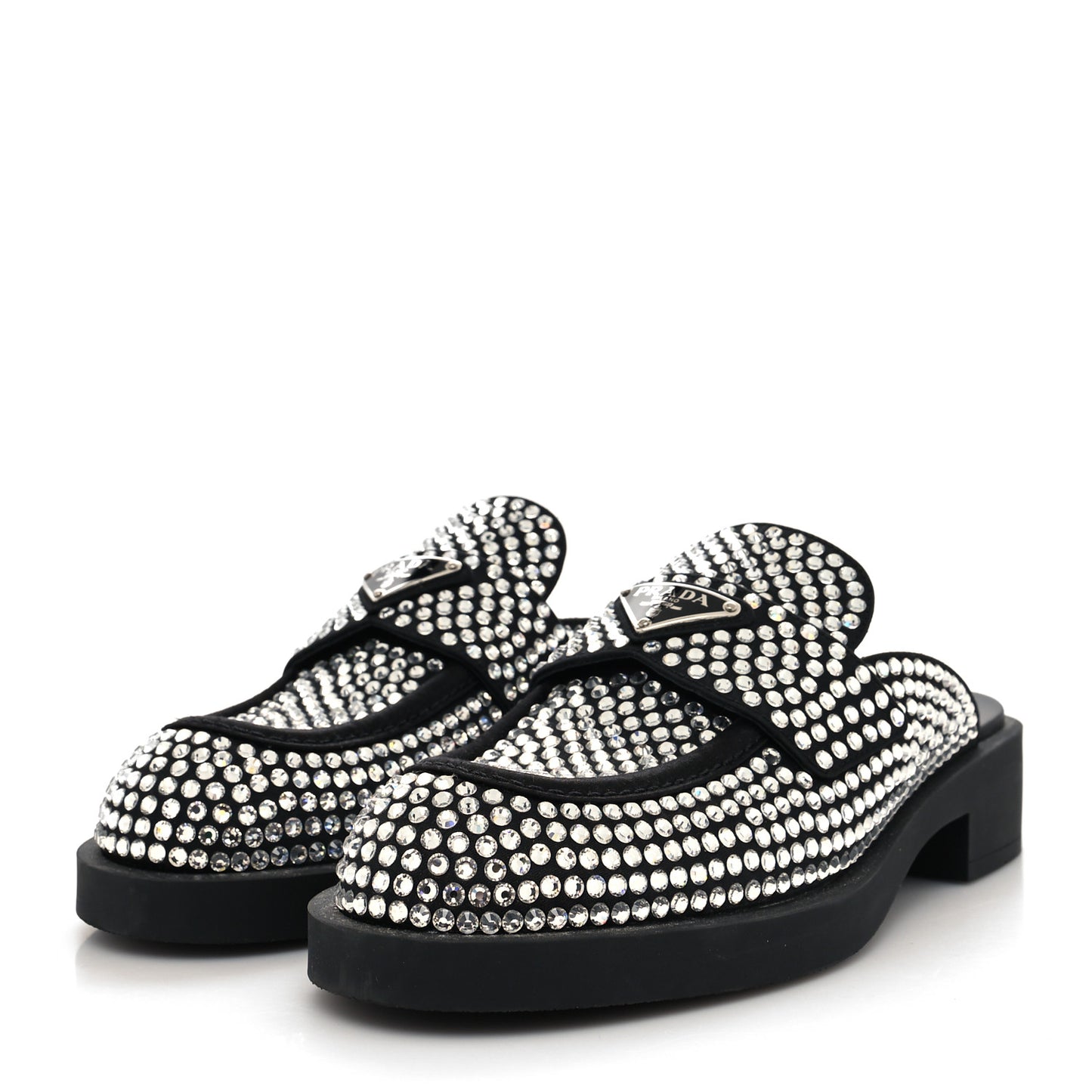 Satin Crystal Metal Triangle Logo 40mm Loafer Mules 39.5 Cristal