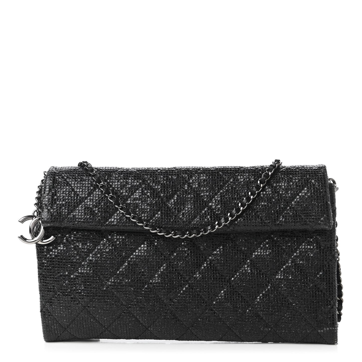 Iridescent Vinyl Quilted Clutch With Chain Black