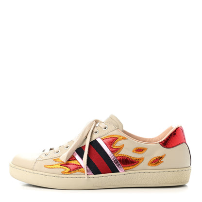 Gucci Calfskin Ayers Web Flames Embroidered Mens Ace Sneakers 8 Off White 1 of 4