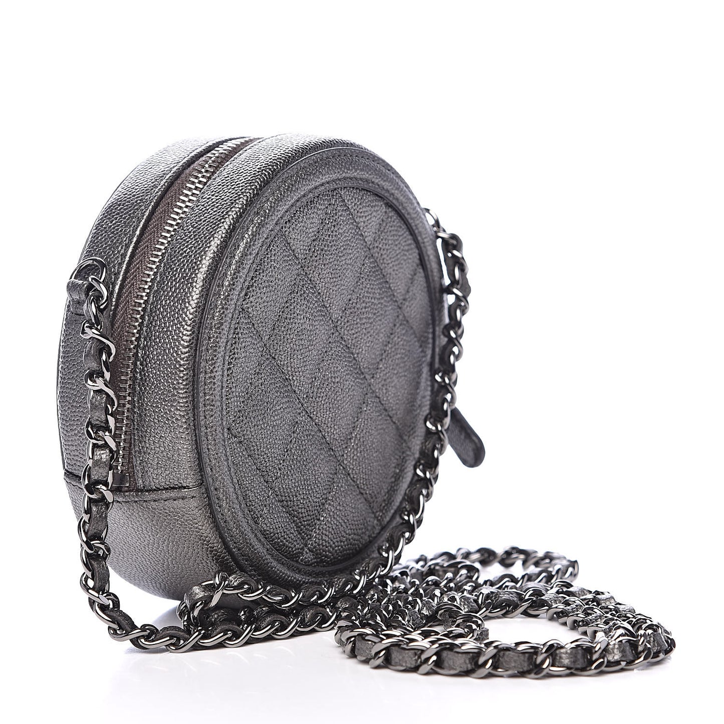 Metallic Caviar Quilted Round Filigree Crossbody Dark Silver