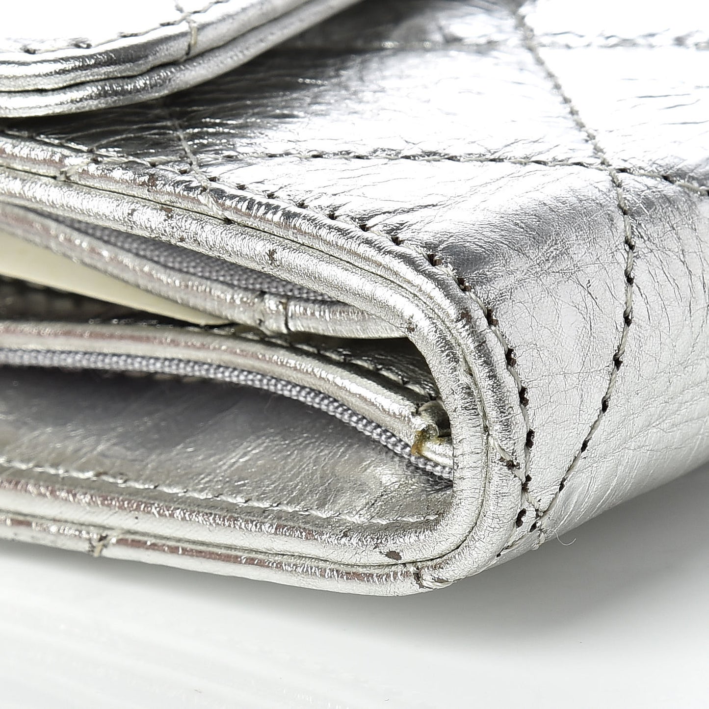 Metallic Aged Calfskin Quilted Reissue Long Flap Wallet Light Silver