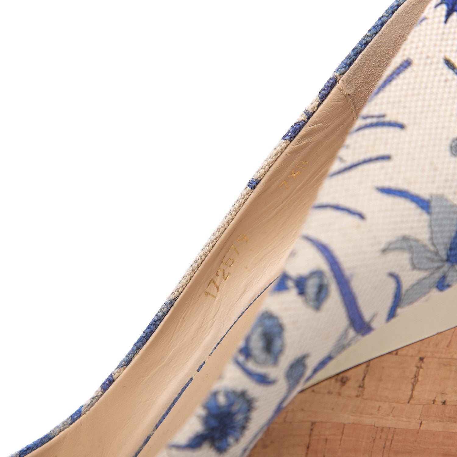 Gucci Canvas Cork Flora Peep Toe Wedge 7 Indigo 7 of 9