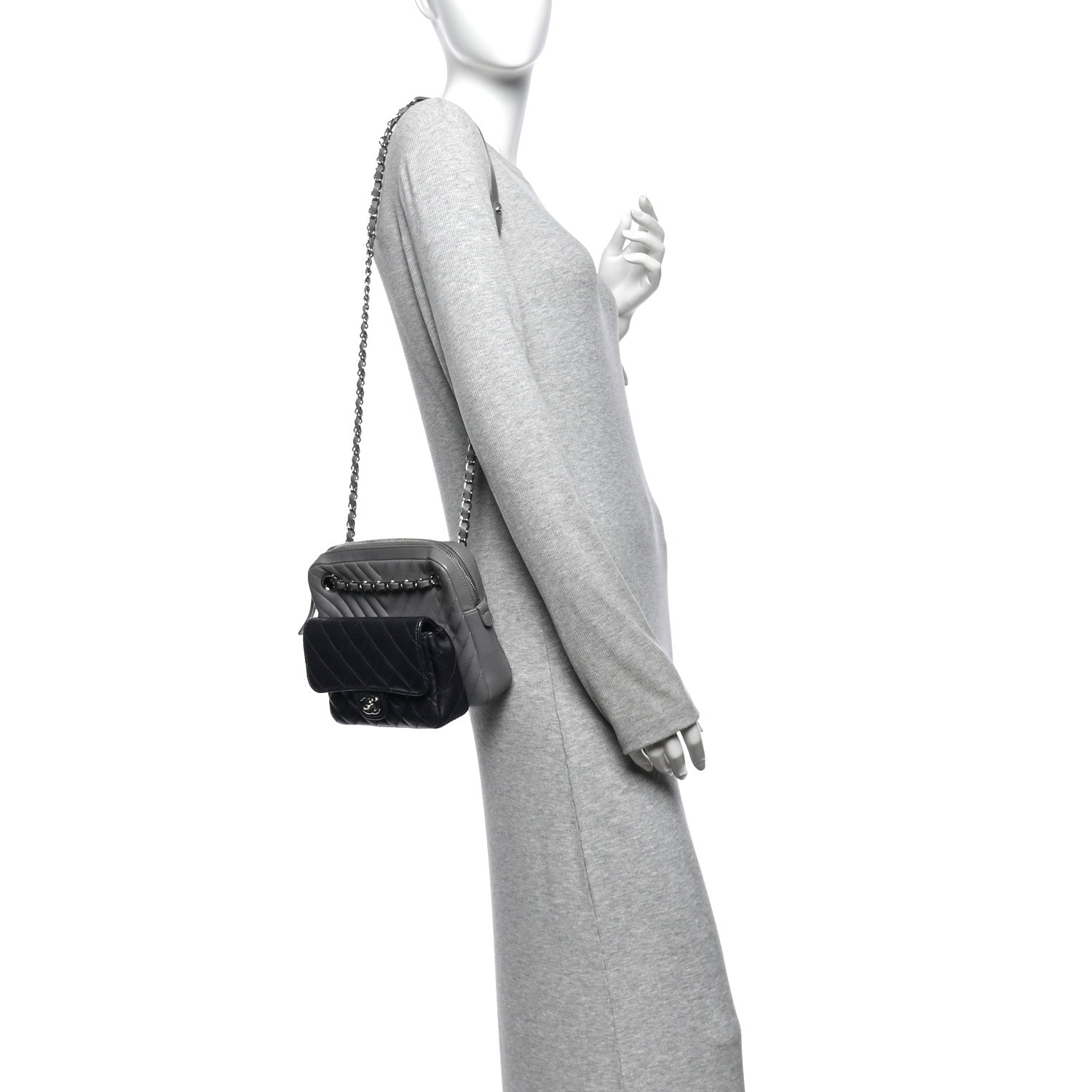 Chanel Calfskin Chevron Quilted Double Camera Bag With Flap Black Black Grey 2 of 12