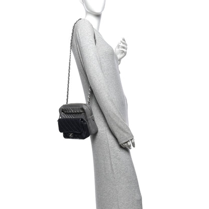 Chanel Calfskin Chevron Quilted Double Camera Bag With Flap Black Black Grey 2 of 12