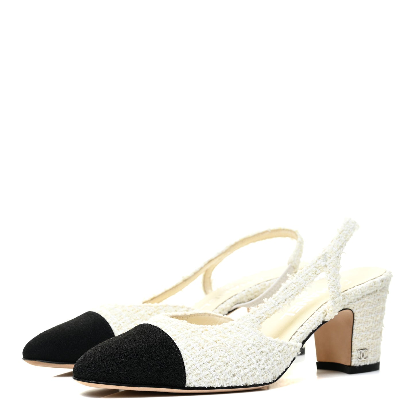 Tweed Cap Toe CC Slingback Pumps 37 Ivory Black