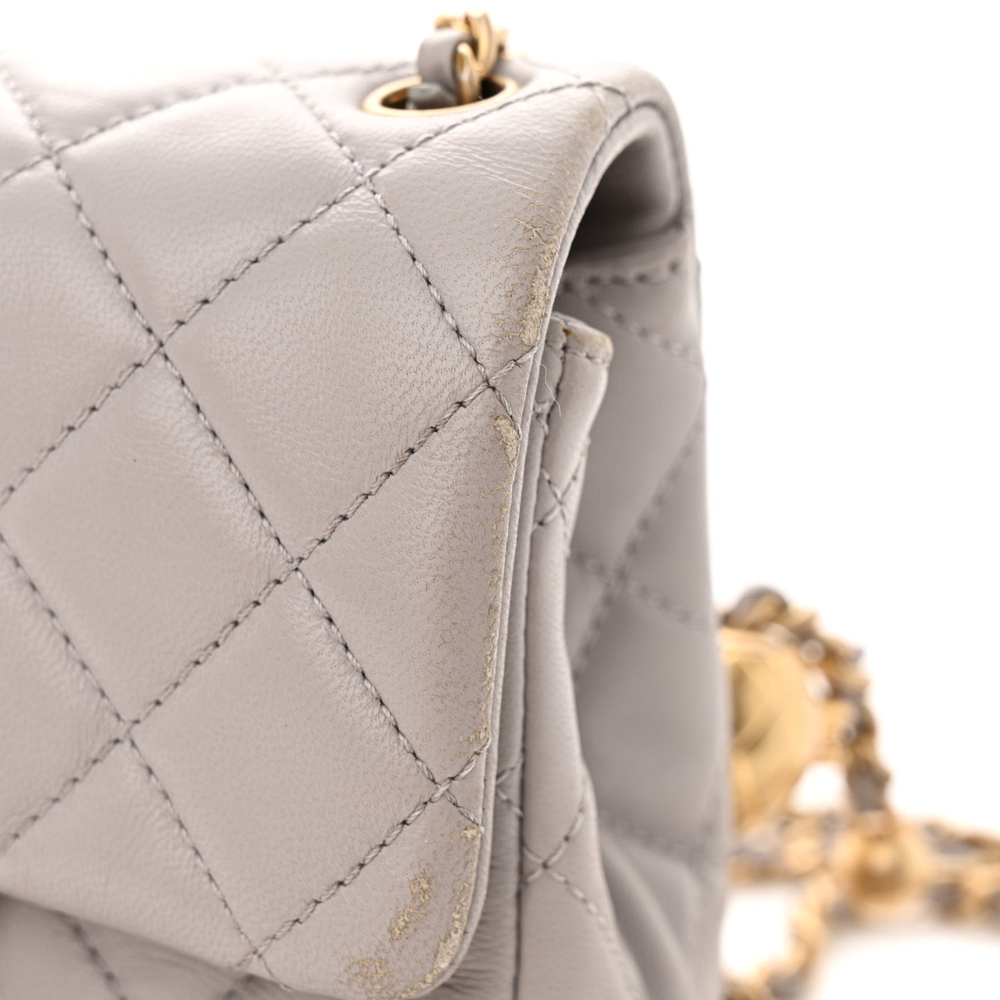 Lambskin Quilted Mini Pearl Crush Flap Light Grey