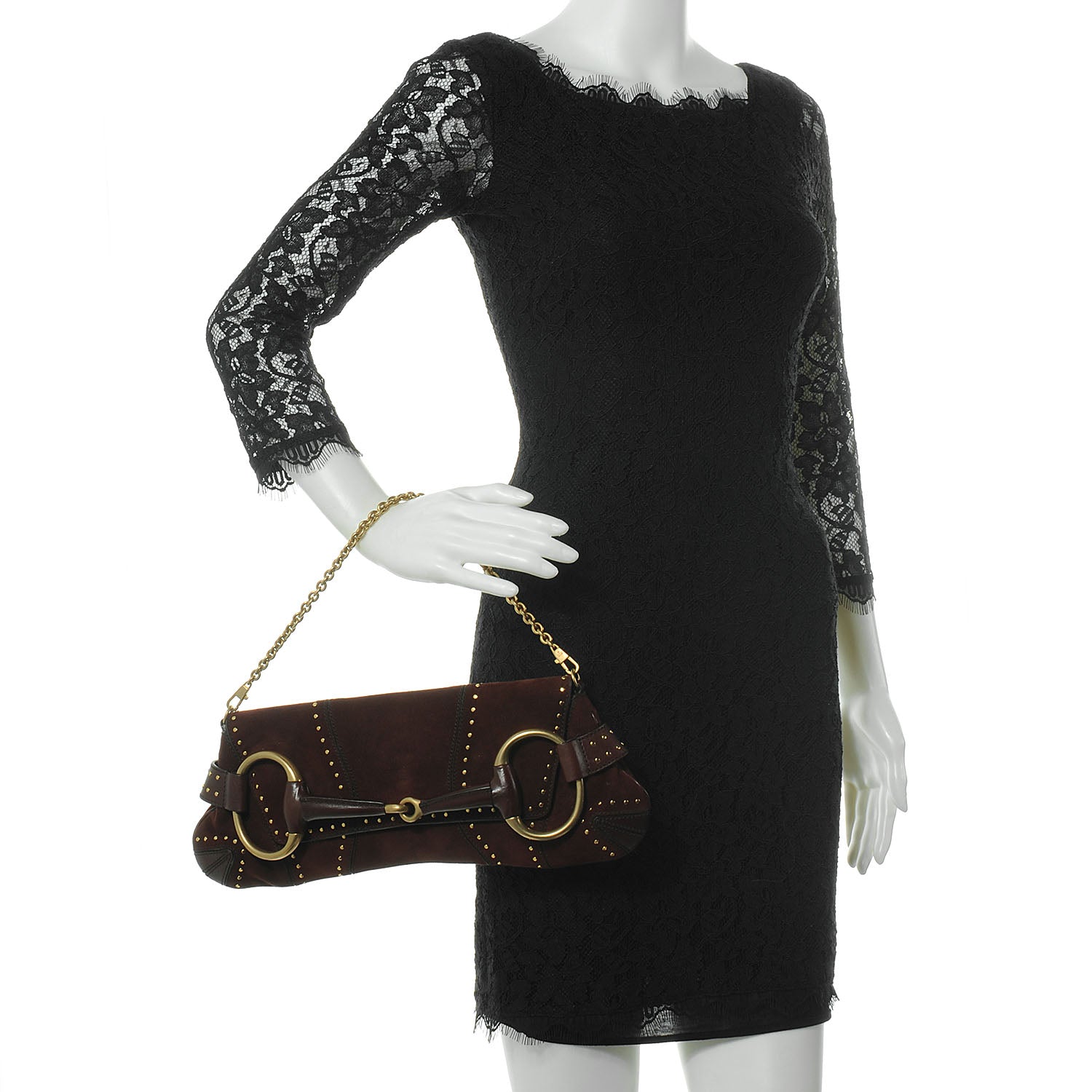 Gucci Suede Studded Horsebit Clutch Bag Burgundy 2 of 7