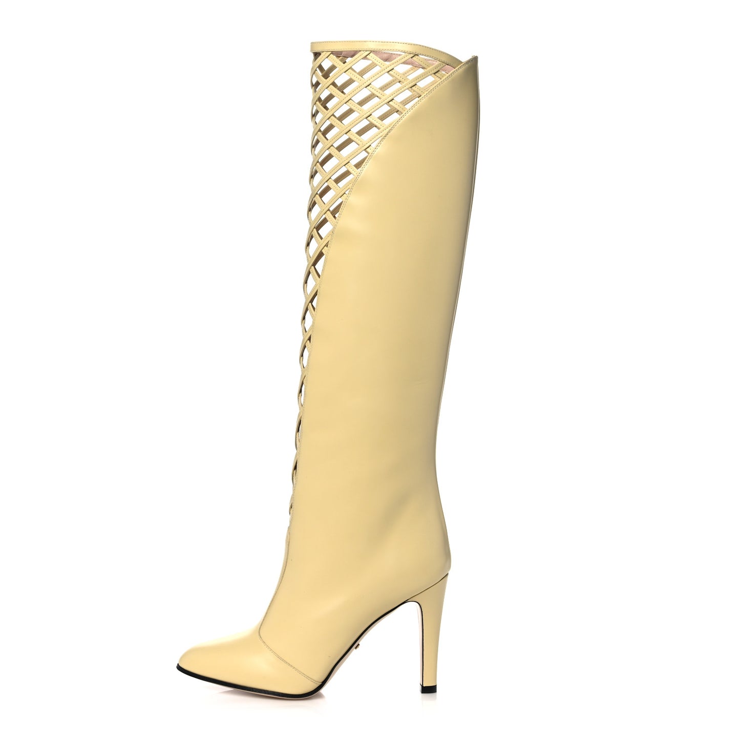 Plume Calfskin Damir Lattice Cutout Knee High Boot 37 Butter