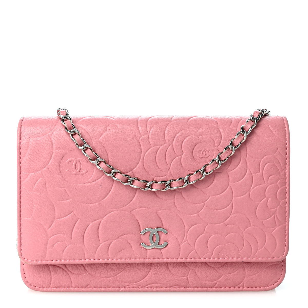 Lambskin Camellia Embossed Wallet on Chain WOC Pink