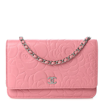 Chanel Lambskin Camellia Embossed Wallet on Chain WOC Pink 1 of 13