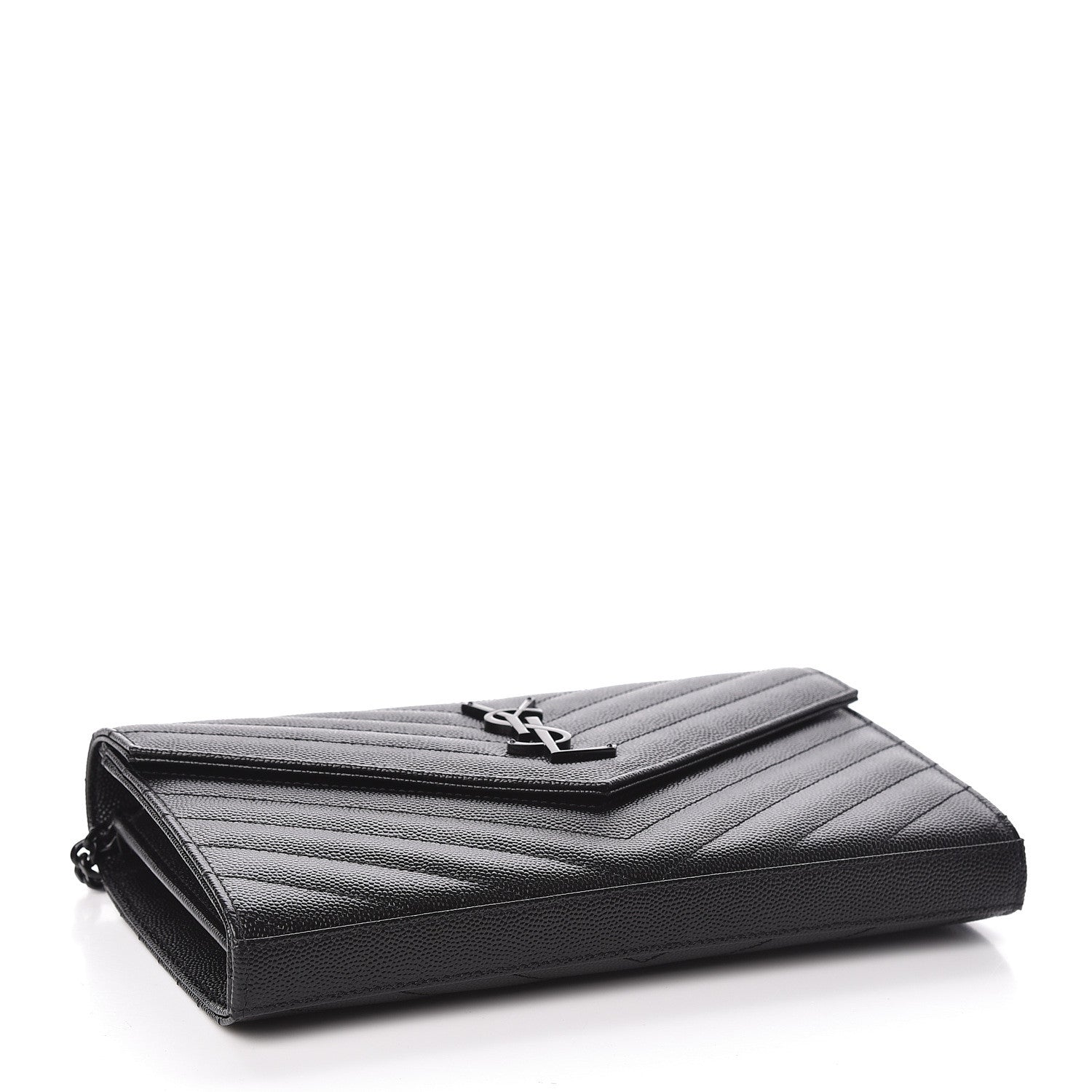 Saint Laurent Grain De Poudre Matelasse Chevron Monogram Chain Wallet Black 4 of 9