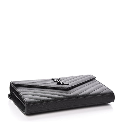 Saint Laurent Grain De Poudre Matelasse Chevron Monogram Chain Wallet Black 4 of 9
