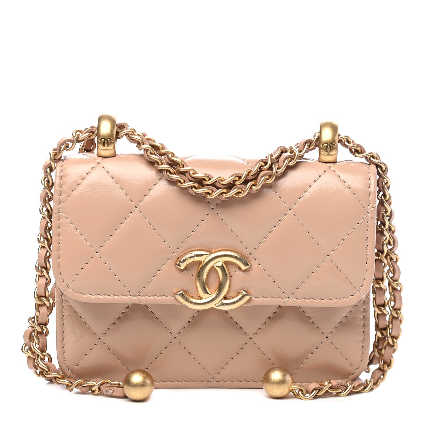 Calfskin Quilted Perfect Fit Coin Purse With Chain Beige
