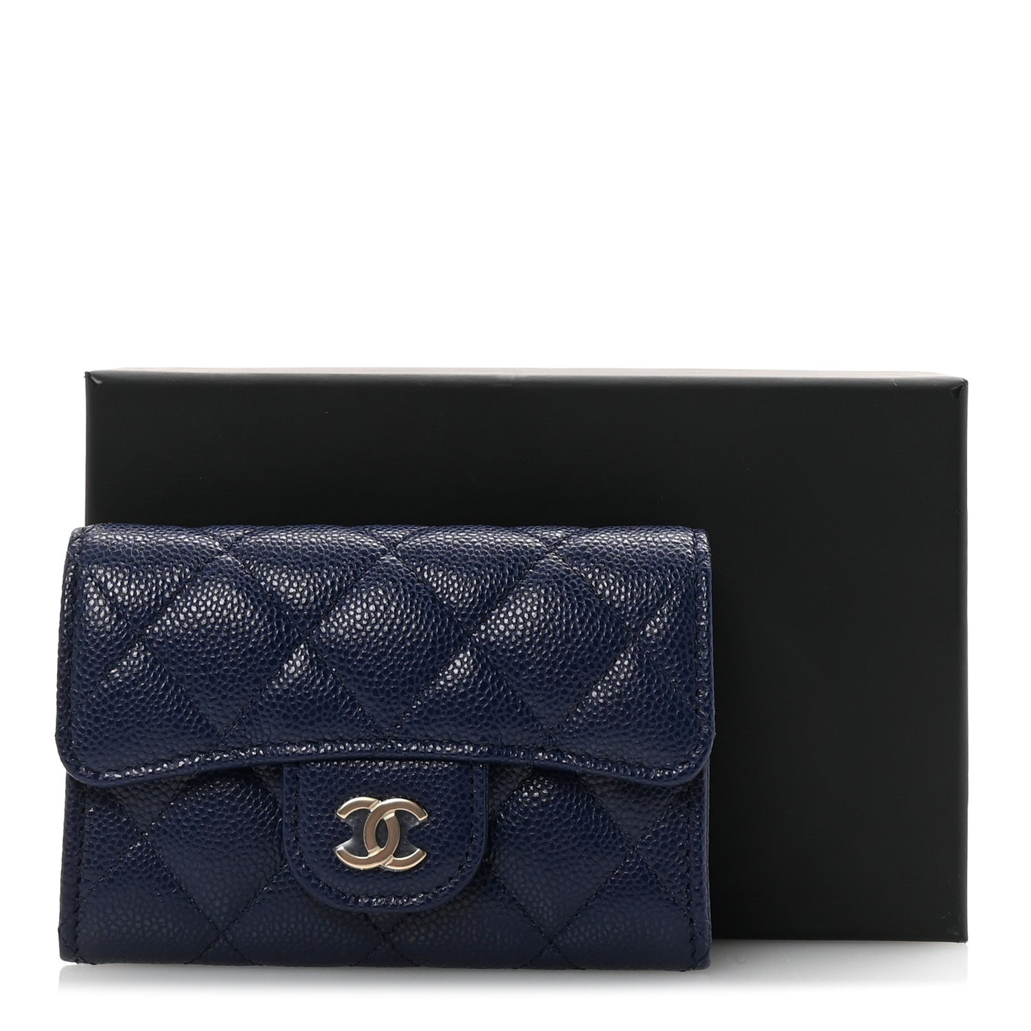 Caviar Quilted Flap Card Holder Wallet Navy Blue