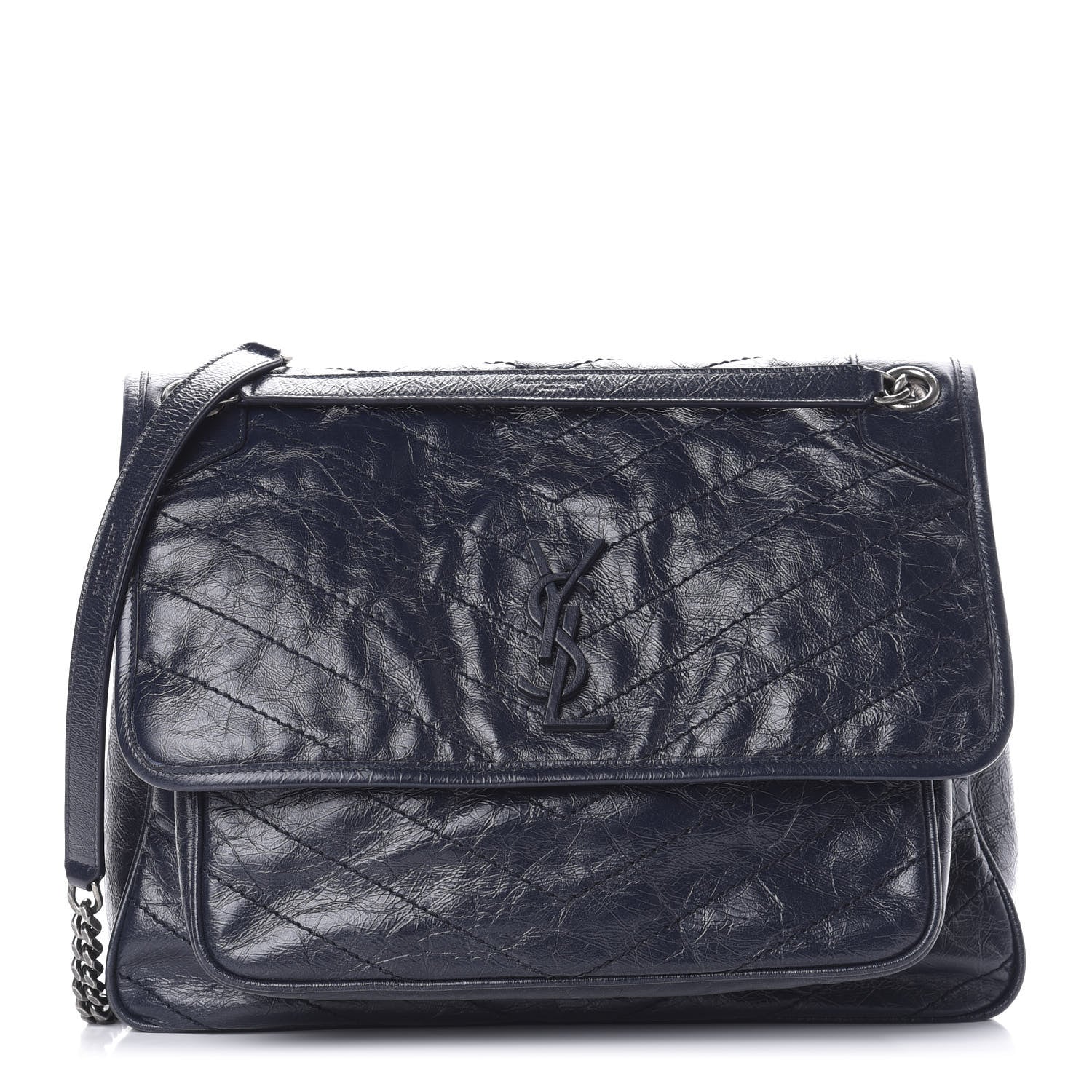 Saint Laurent Crinkled Calfskin Matelasse Monogram Large Niki Chain Satchel Deep Marine 1 of 11
