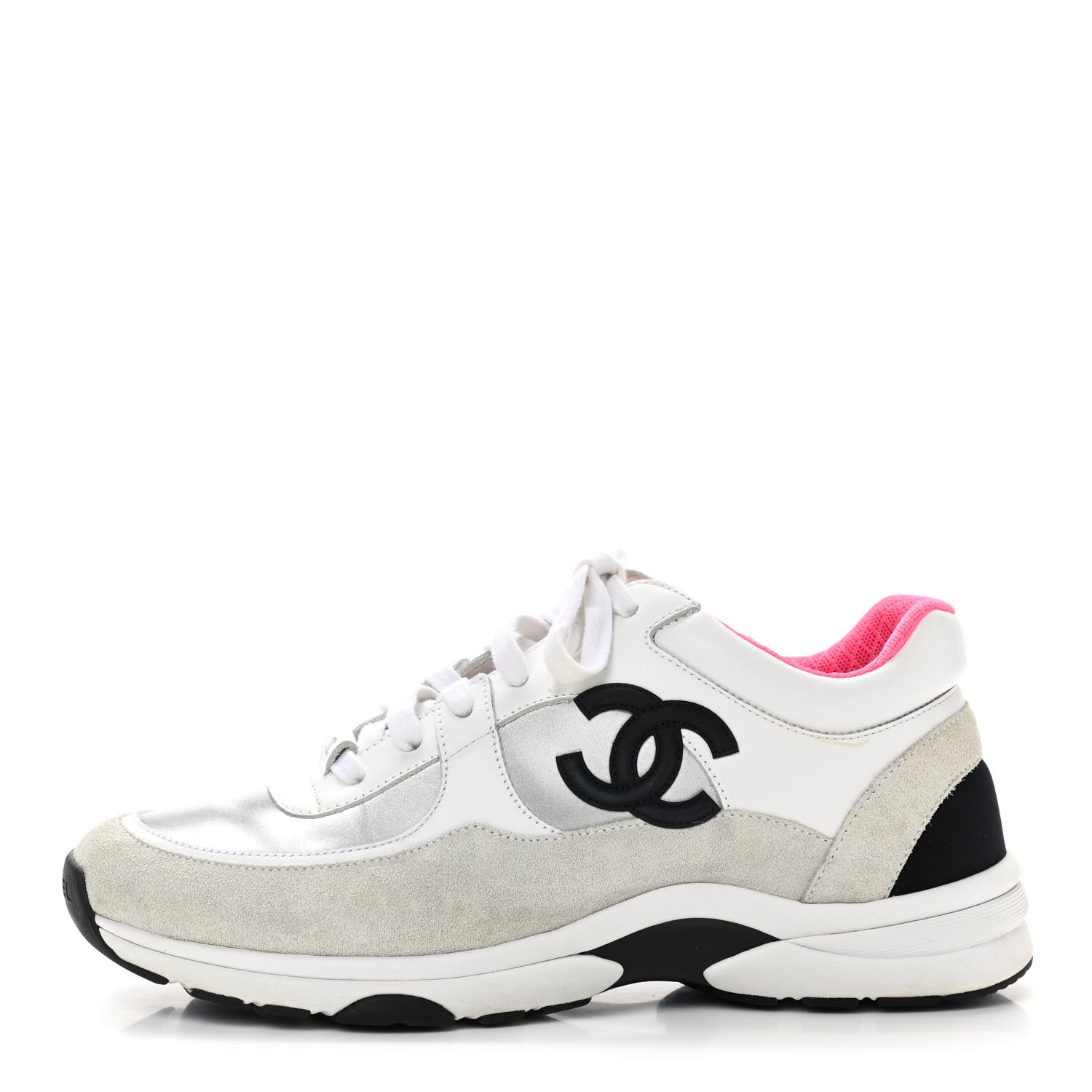Chanel Calfskin Fabric Sneakers 40 White Silver Fluo Pink 1 of 14